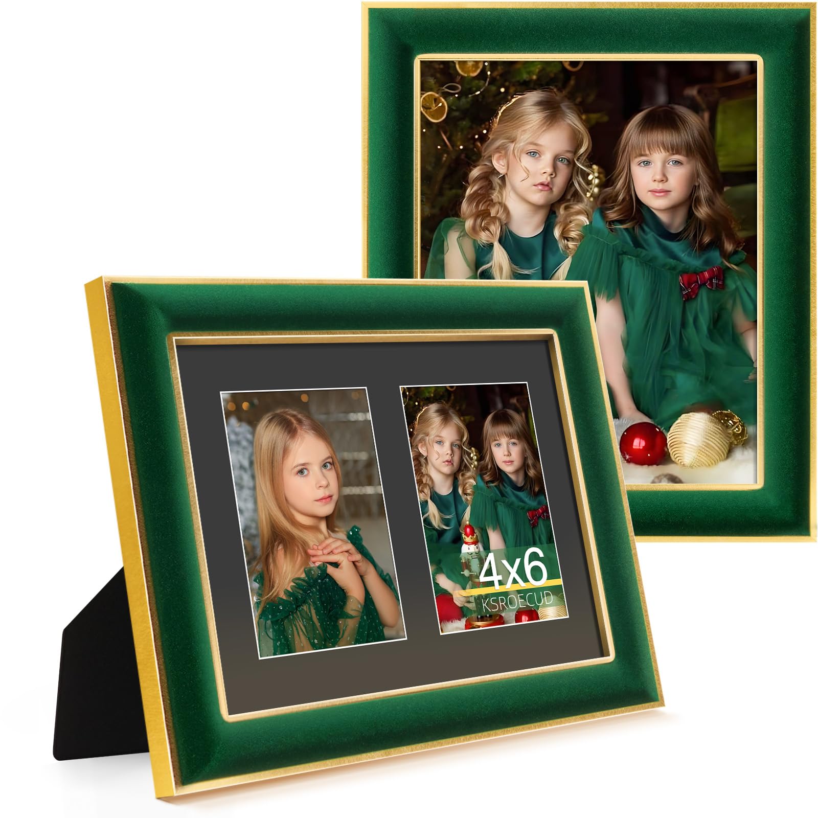 KSROECUD 8x10 Velvet Picture Frame with 2 Opening 4x6 Picture, HD Real Glass Green Velvet Photo Frame with Black White Border Ma