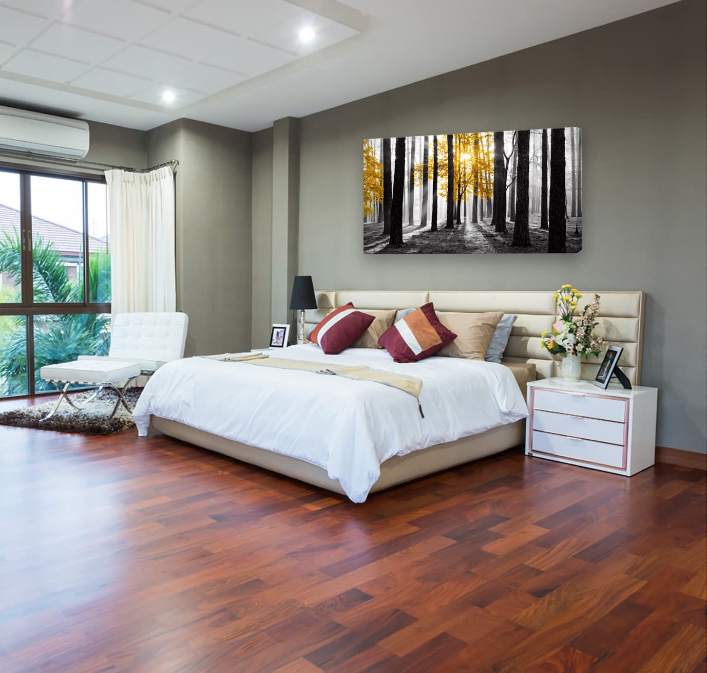 Cao Gen Decor Art S06362 Wall Art Canvas Painting Yellow Tree in Black and White Sunshine Foggy Forest Picture Poster Print Framed Ready to Hang for Living Room Bedroom Office Home Decor