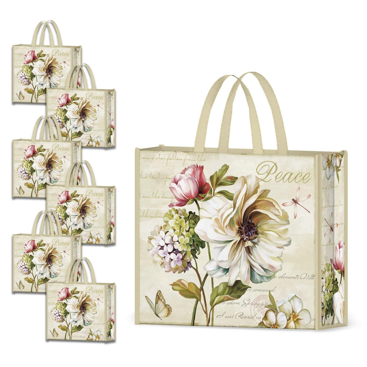 Nymphfable 6 Pack Grocery Bags Reusable Butterfly Dragonfly Peony Shopping Bags Washable Foldable Tote Bag 50Lbs