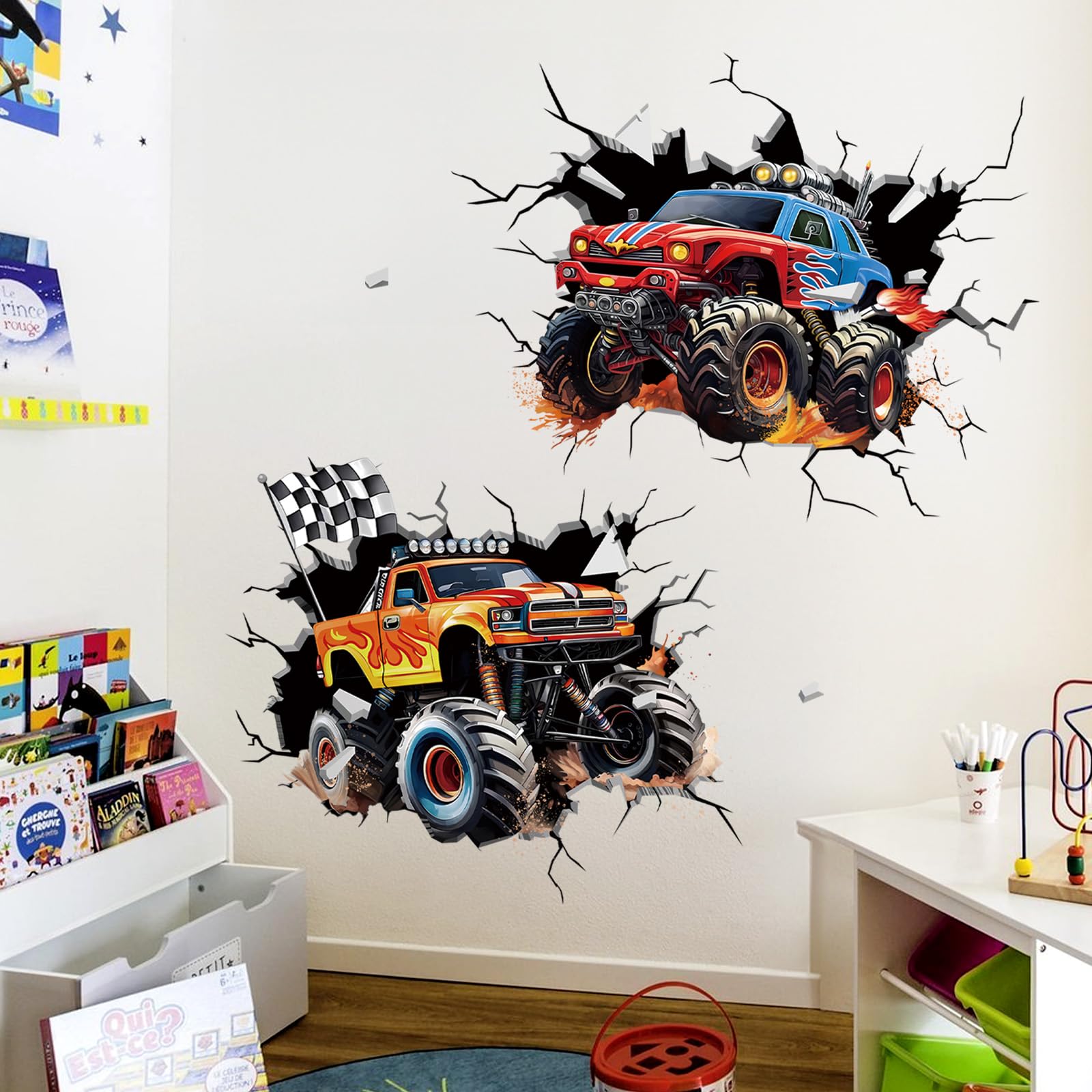 Decalmile 2 Large 3D Racing Cars Wall Decals Trucks Break Through Wall Stickers Boys Bedroom Kids Room Playroom Wall Decor