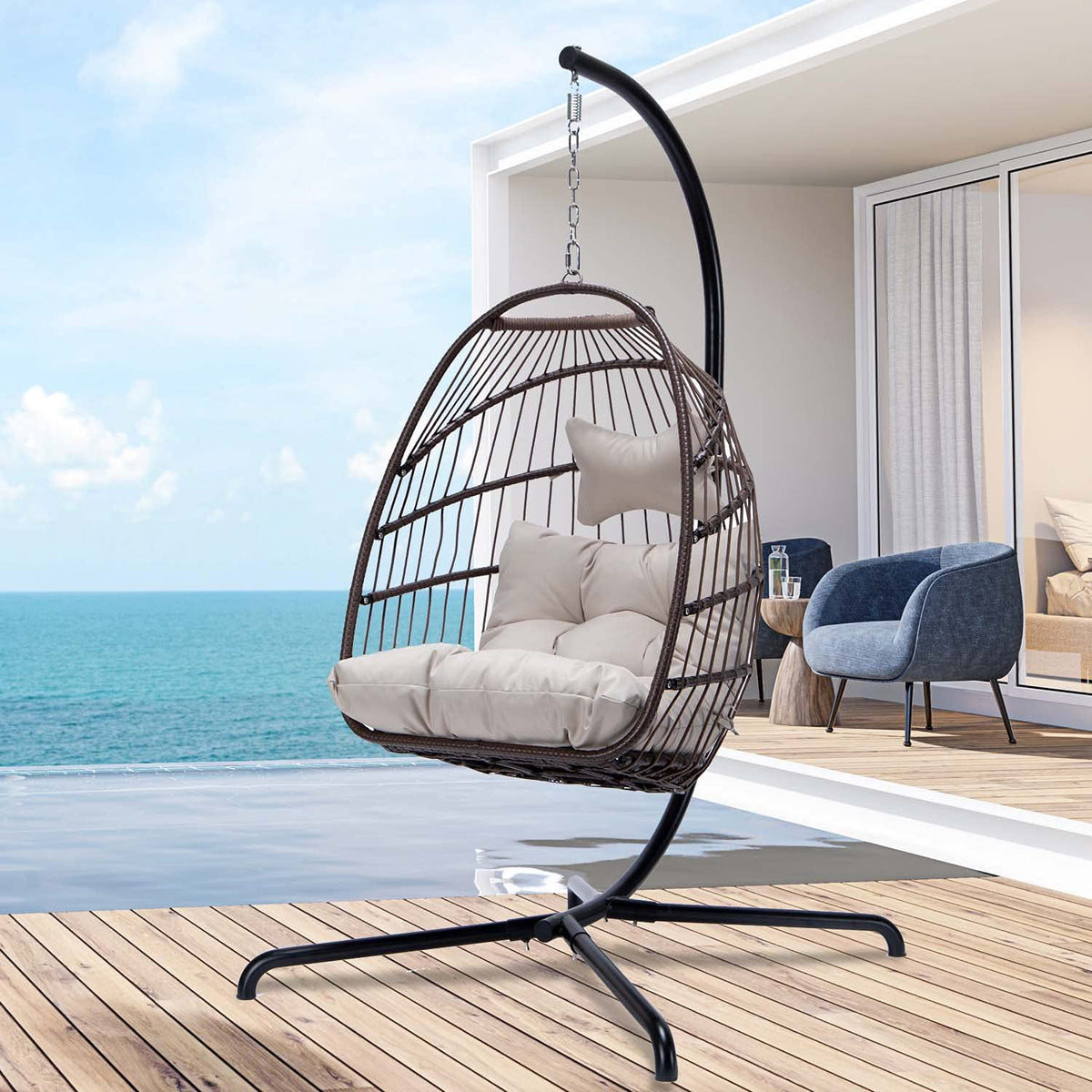 Bulexyard Swing Egg Chair With Stand Indoor Outdoor Wicker Rattan Patio Basket Hanging Chair With Uv Resistant Cushions 350Lbs C