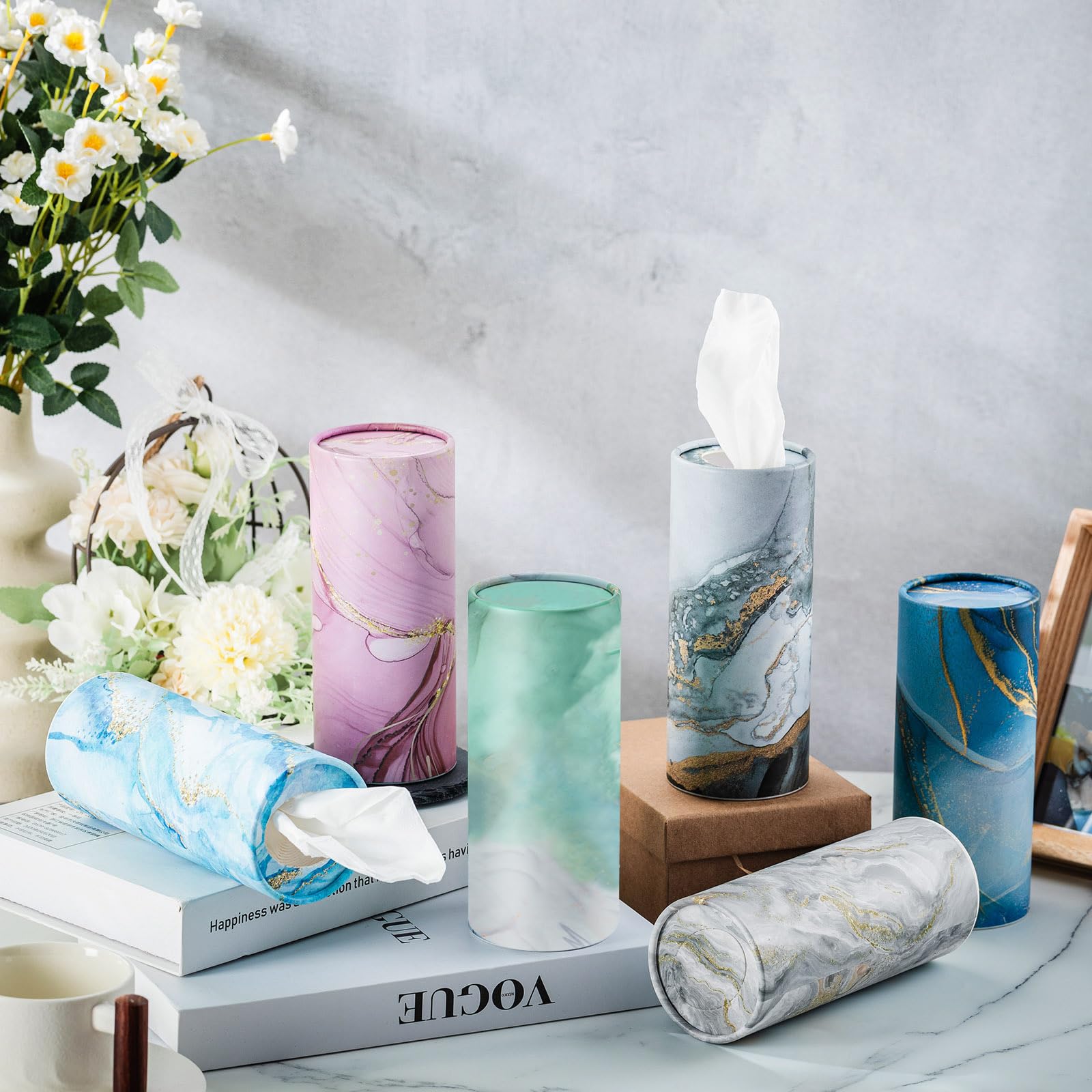 Outus 12 Pcs Car Tissues Boxes Marble Print Car Tissues Cylinder Round Car Tissue Holder With Facial Tissues For Car Napkins Tra