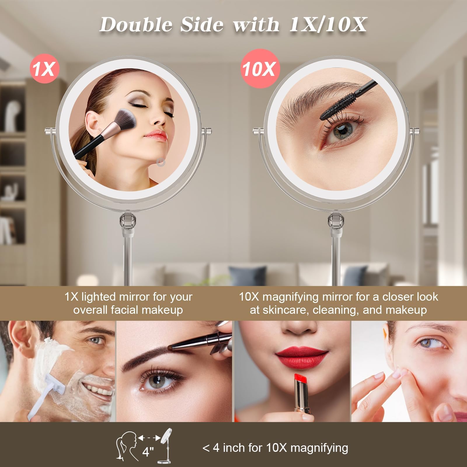 9 Large Lighted Makeup Mirror With 1X/10X Magnification, 4000Mah Rechargeable Vanity Mirror With Height Adjustable & 3 Color Dim