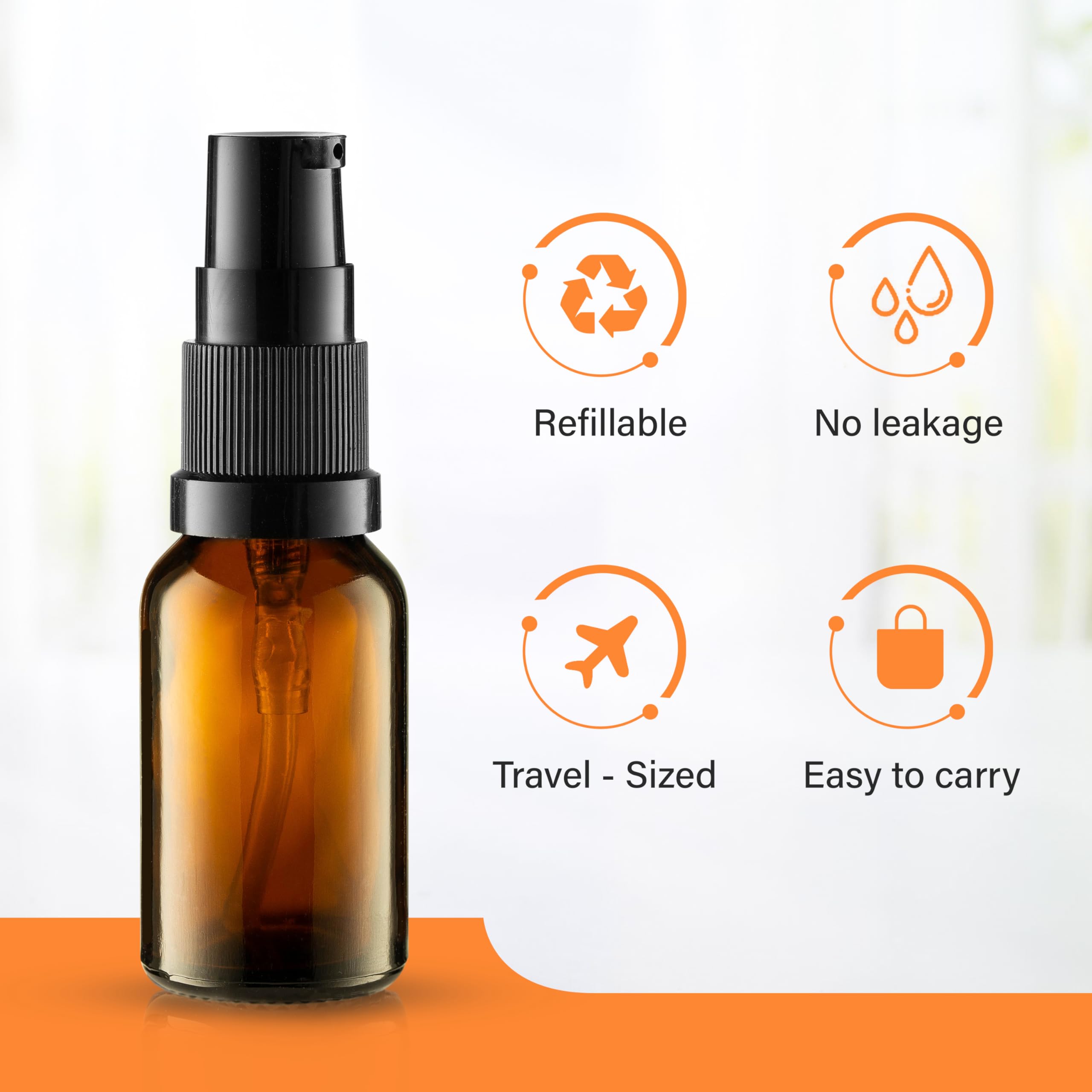 Vitalup 5 Pack Empty Refillable Glass Amber Pump Bottle Ideal For Lotion Cream Essential Oil Travel Small Container,15Ml
