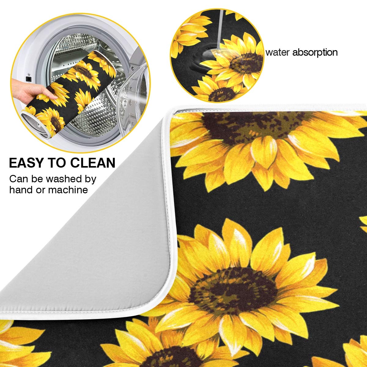 Sunflower Black Dish Drying Mat For Kitchen, Absorbent Microfiber Drying Pad Dish Mat, 16'' X 18''