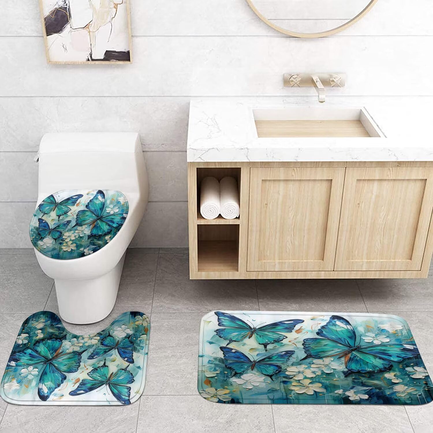 Pretyw 4 Pcs Green Blue Butterfly Shower Curtain Set With Non-Slip Rugs White Flowers Oil Painting Boho Bathroom Set Bathroom Ca