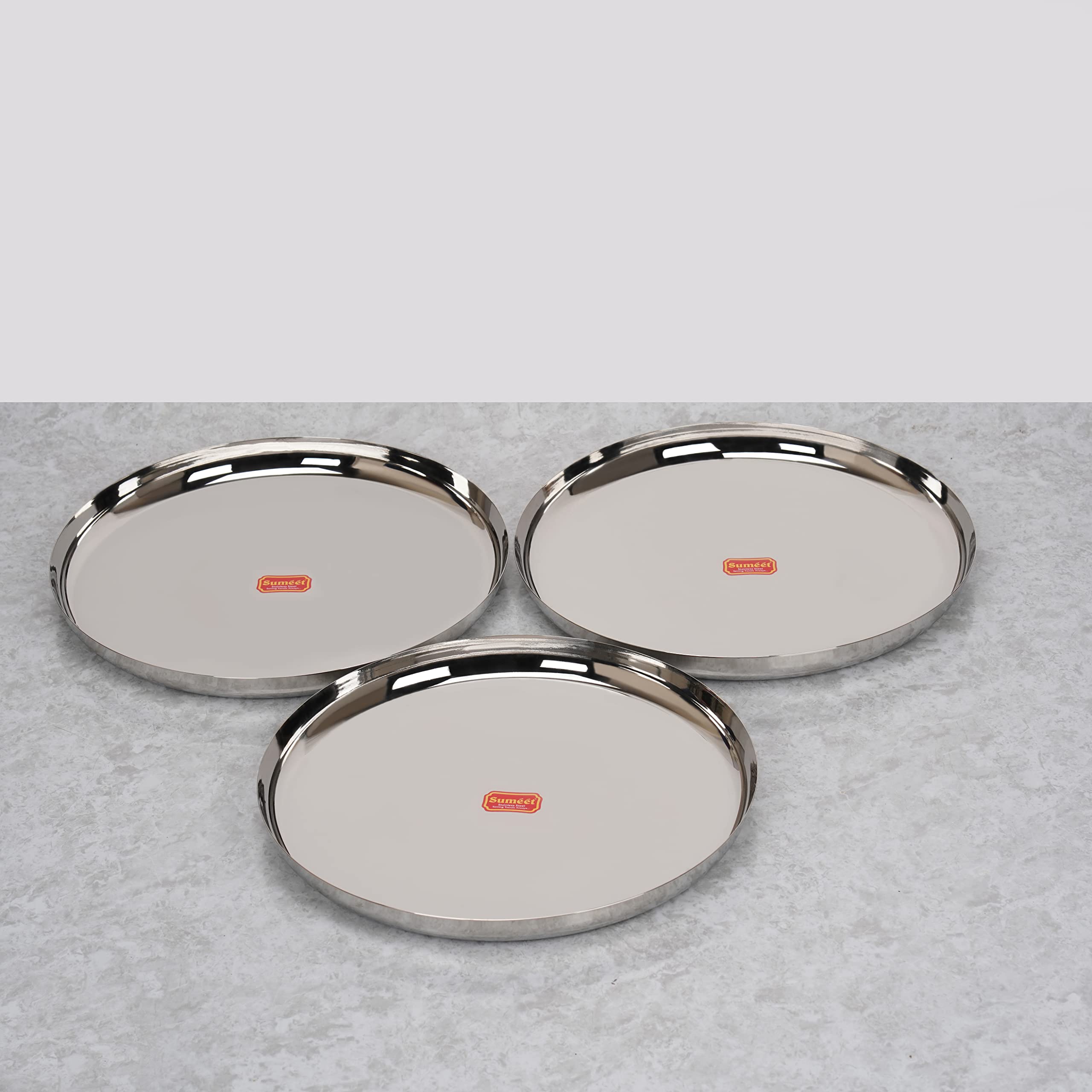 Sumeet Stainless-Steel Apple Shape Heavy Gauge Dinner Plates with Mirror Finish-34.6cm Dia, Set of 3pc, Silver