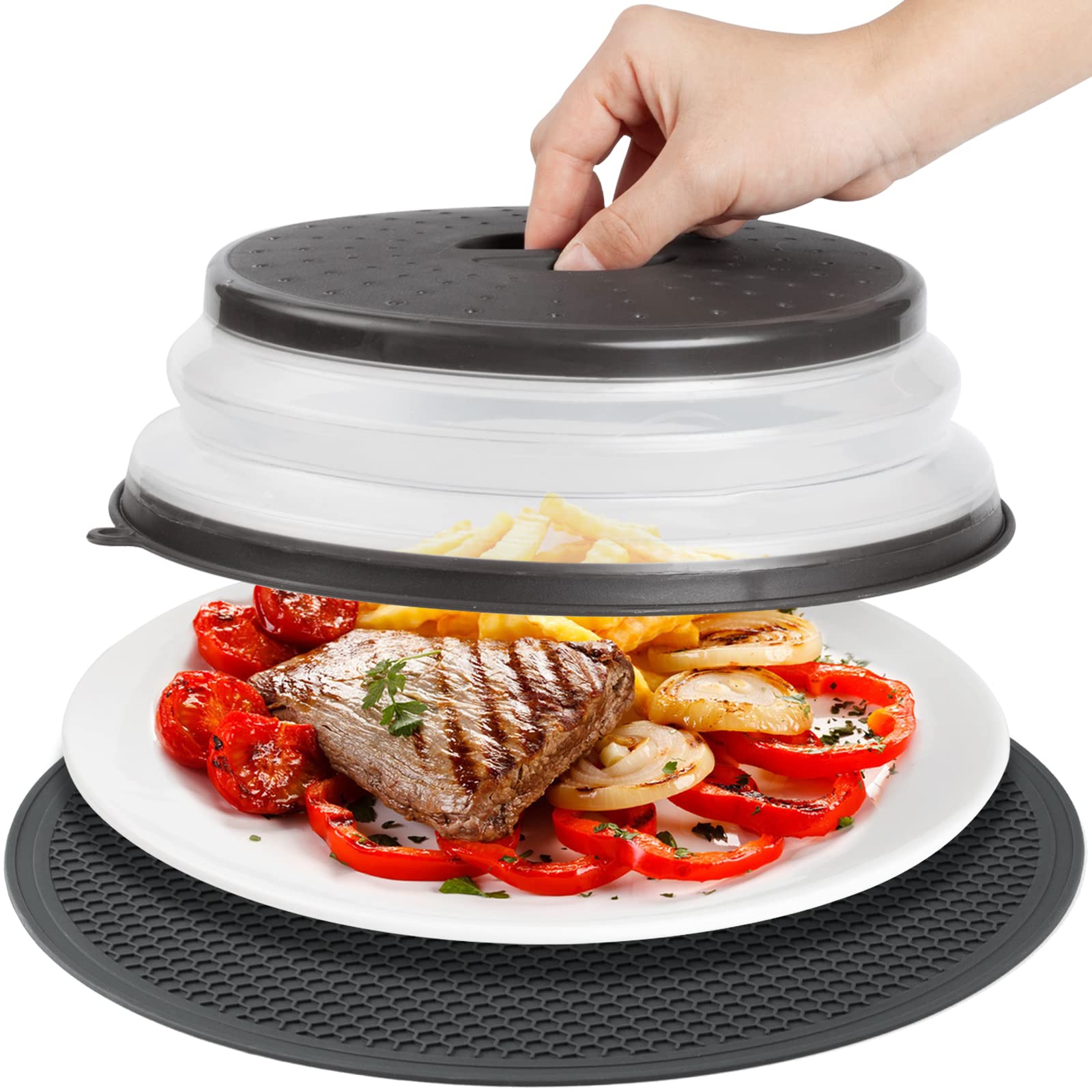 Magjiuke Microwave Food Cover & Mat,Vented Collapsible Splatter Guard Dish Plate Lid & Silicone Round Kitchen Mat,Heat Resistant