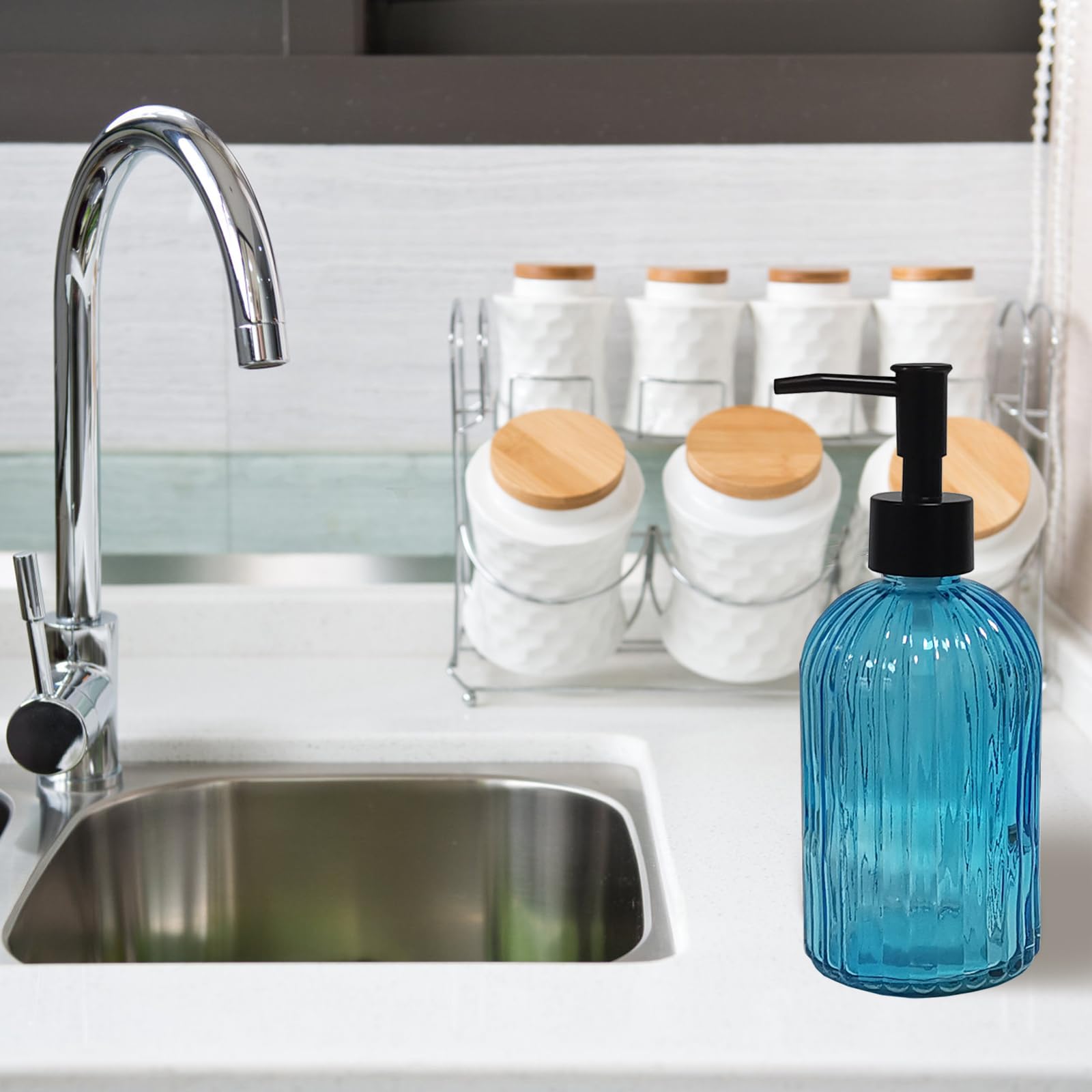 Blue Glass Soap Dispenser Set With Black Pump, 13.5Oz Refillable Liquid Hand Soap Dispenser, Lotion Dish Soap Dispenser For Mode