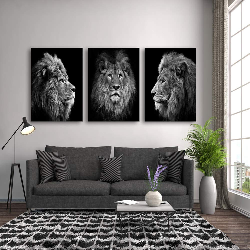 Muolunna Wall Art Black And White Lion Head Portrait Wall Art Painting Pictures Print 3 Pieces Canvas Animal For Bedroom Living