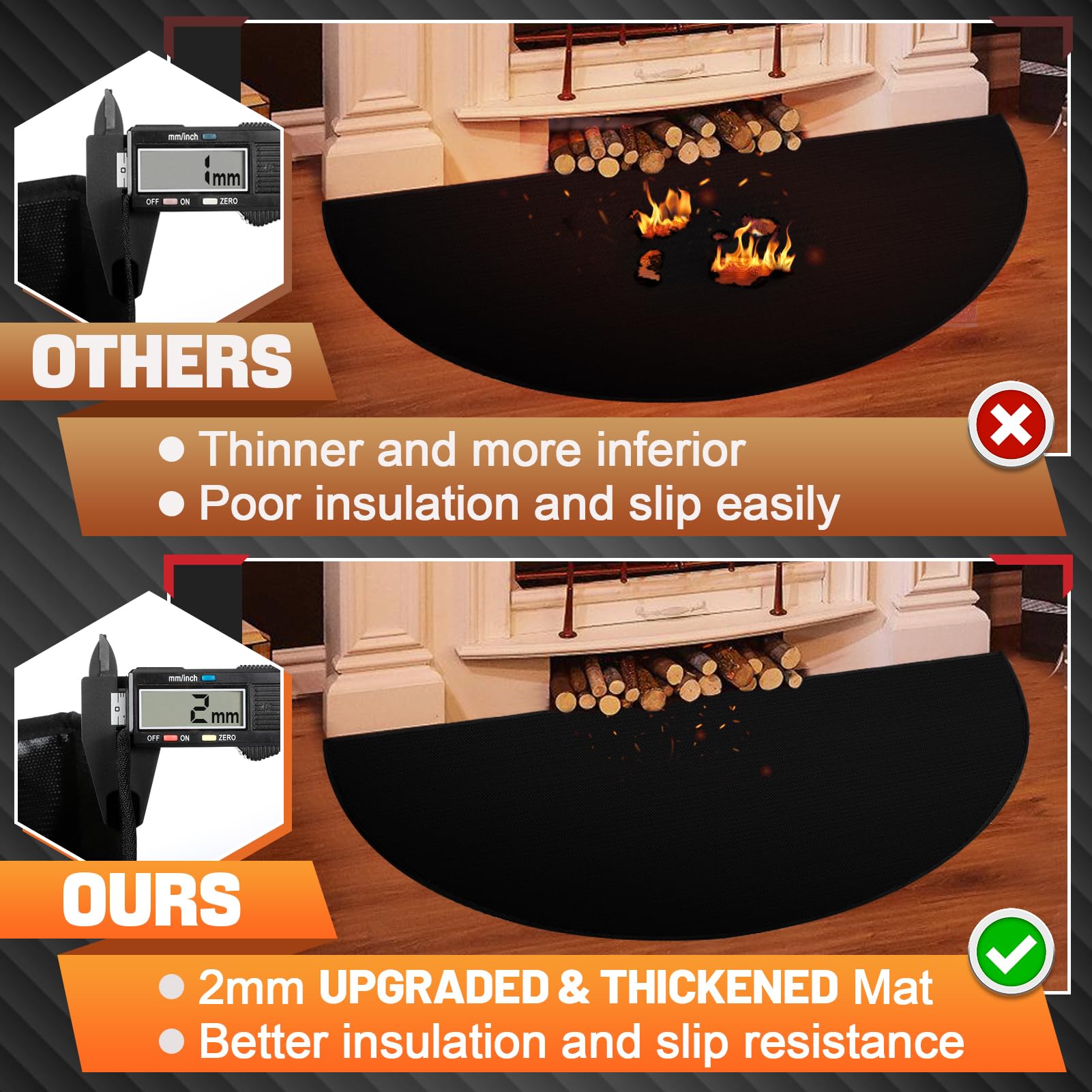 Fireproof Fireplace Mat - 48''    27'' X 2/25'' Upgraded 4-Layer Thickened Fire Resistant Mat, Half Round Silicone And Fiberglas