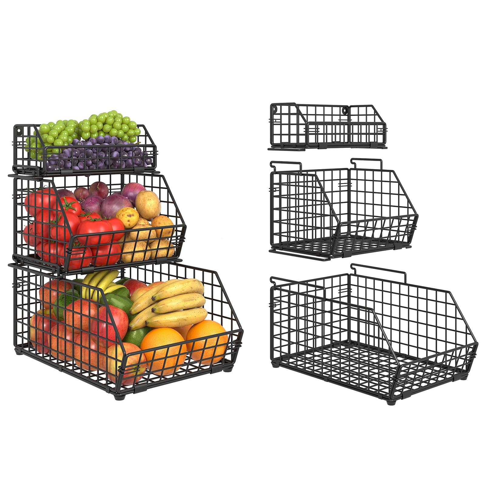 Yuzehuaza 3 Tier Fruit And Vegetable Basket Wall-Mounted & Countertop Organizer For Potato Onion Stackable Wire Baskets For Pant