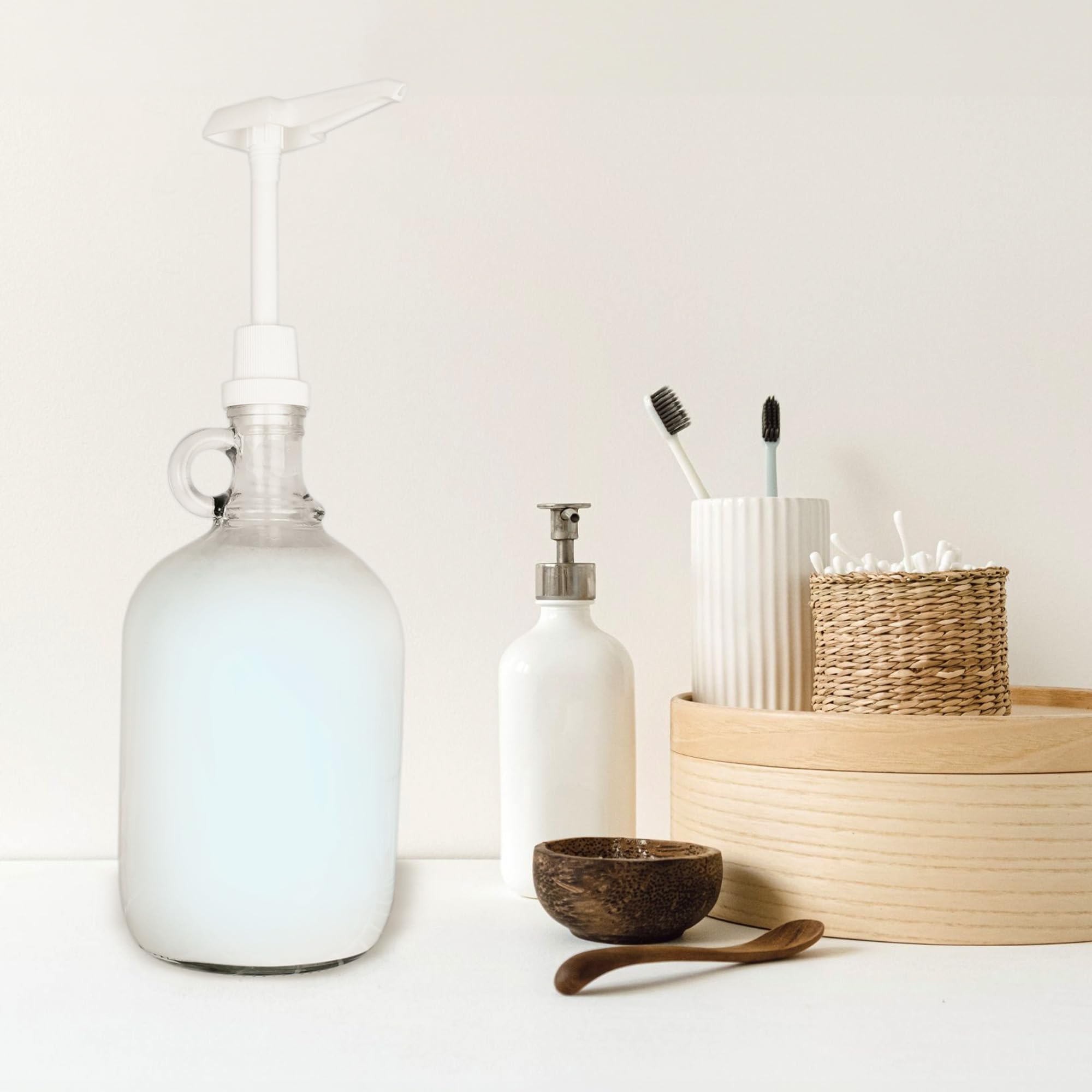 Cornucopia Half Gallon Glass Pump Dispenser Bottle, 64-Ounce Jug With Pump For Sauces, Syrups, Soaps And More Clear, White