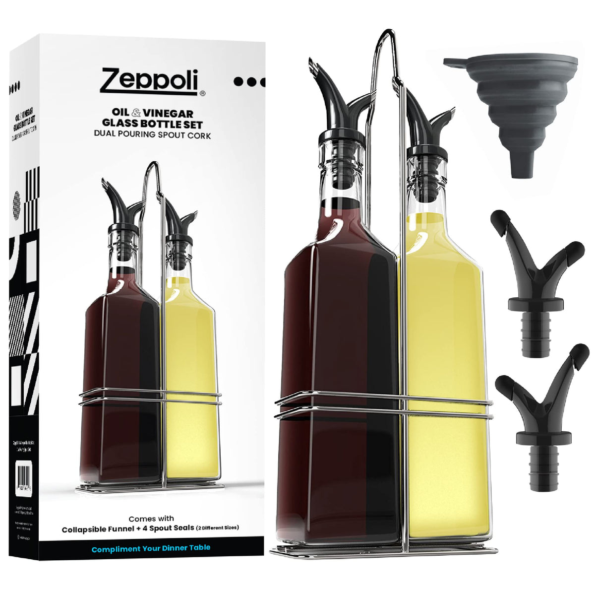 Zeppoli Oil And Vinegar Bottle Set 17Oz - Comes With Stainless Steel Rack, Removable Cork, Funnel, And Spout Caps - Dual Cork Sp
