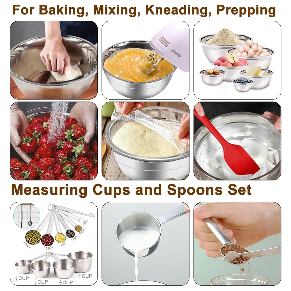Wepsen Hand Mixer Electric Mixing Bowls Set, 5 Speeds Handheld Mixer With 4 Nesting Stainless Steel Mixing Bowl, Measuring Cups