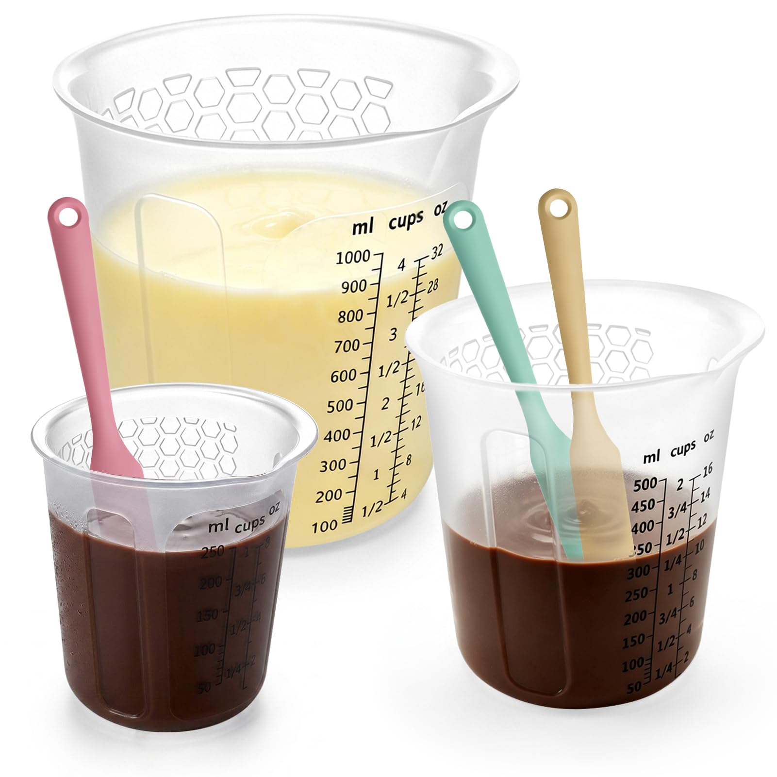 Palksky Silicone Measuring Cups Set 1-Cup & 1-Cup & 2-Cup with 3PCS Jar Spatula, Microwave Safe, Honeycomb Heat-Control Grip, Ea
