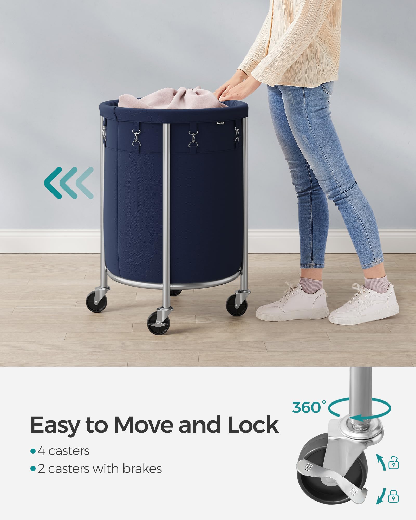 Songmics Laundry Basket With Casters, Rolling Laundry Hamper, 29 Gal., Round Laundry Cart With Steel Frame And Removable Bag, 4