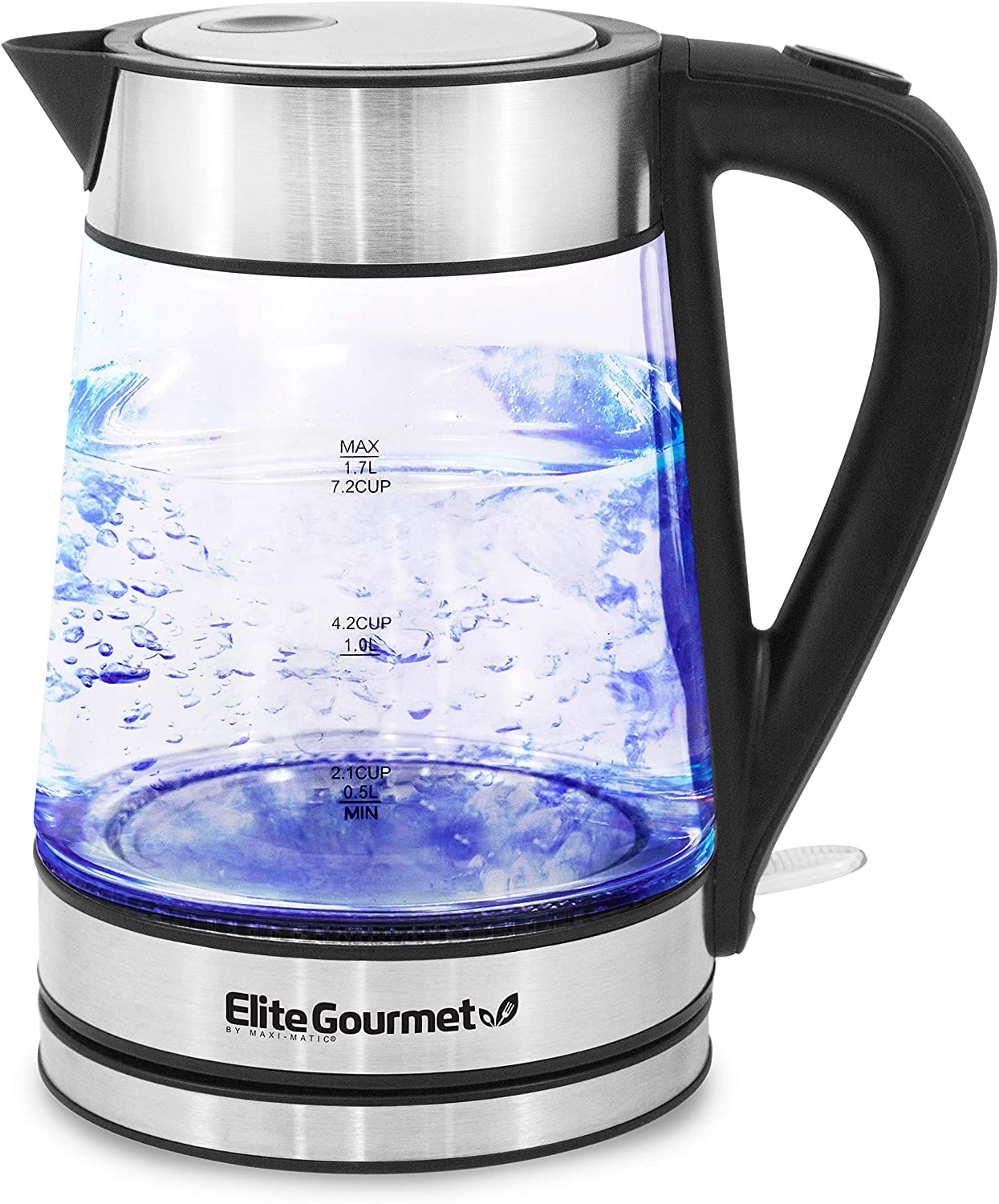 Elite Gourmet Ekt-602 Electric 1.7L Bpa Free Glass Kettle Cordless 360    Base, Stylish Blue Led Interior, Handy Auto Shut-Off F