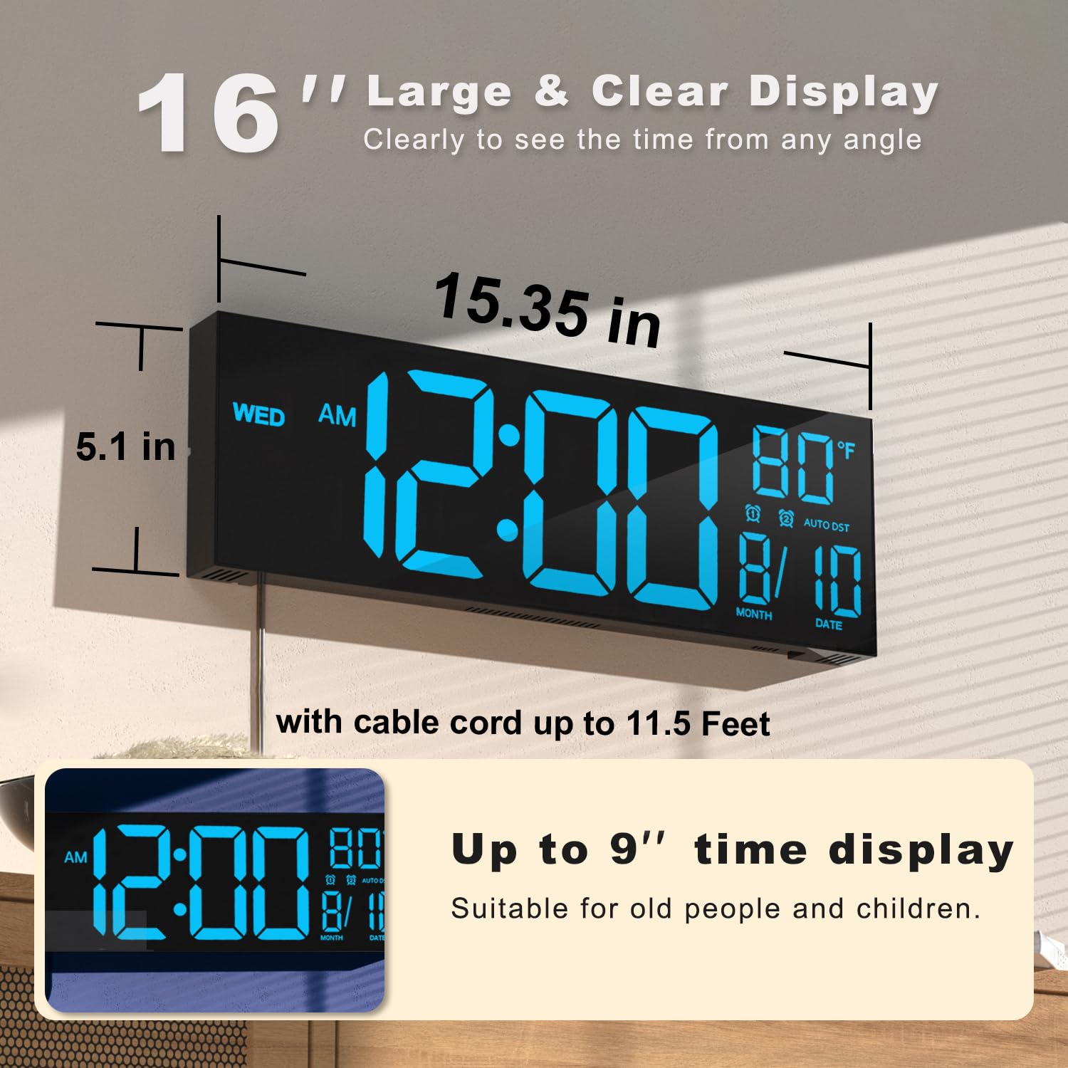JALL 16  Large Digital Wall Mount Clock, Count Down Timer, Alarm, Big LED, DST, Temperature for Living Room Classroom Desk, Xmas