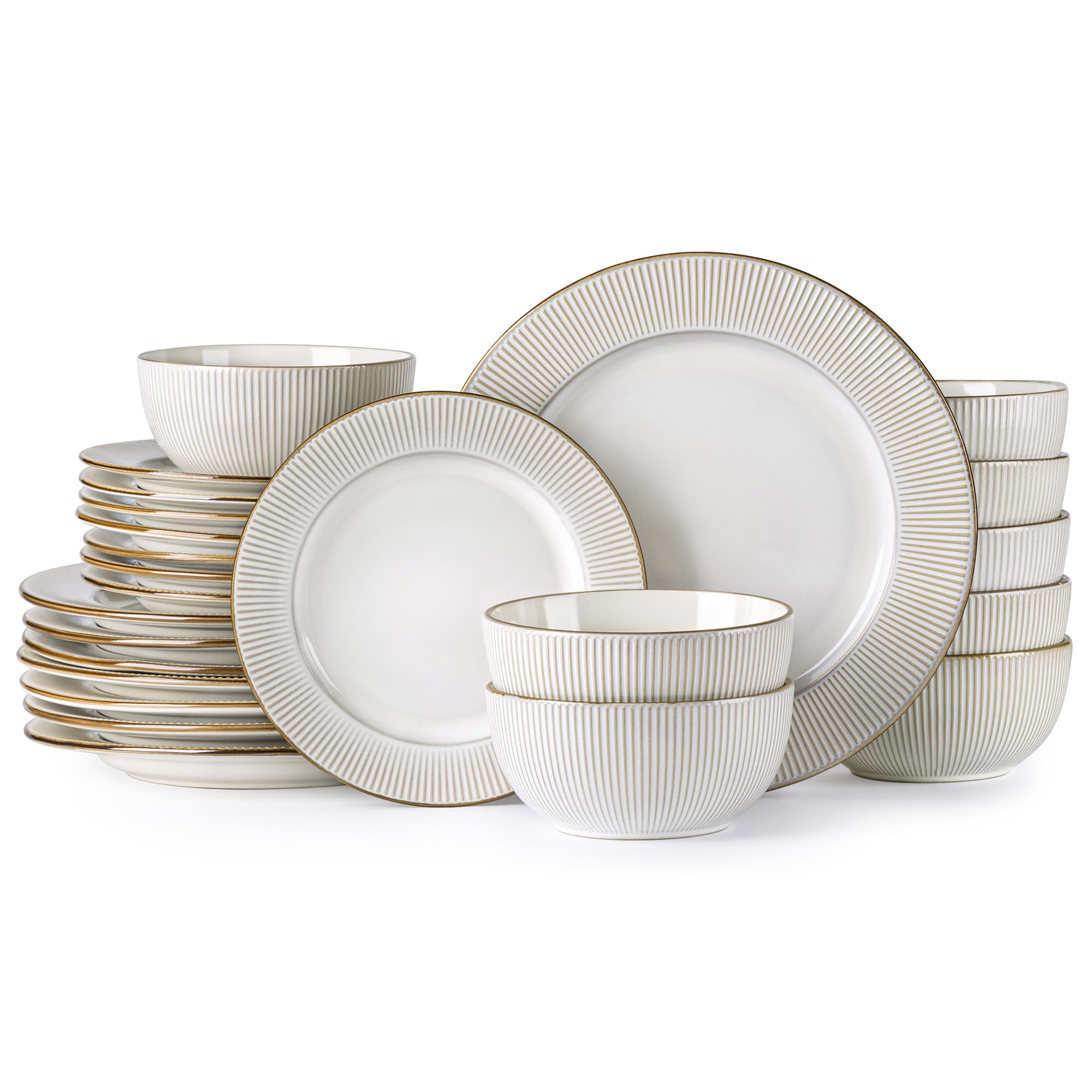 GBHOME Ceramic Dinnerware Sets, 24 pcs Embossed Elegant Stoneware Plates and Bowls Sets, Housewarming Wedding Gift | Dishwasher 