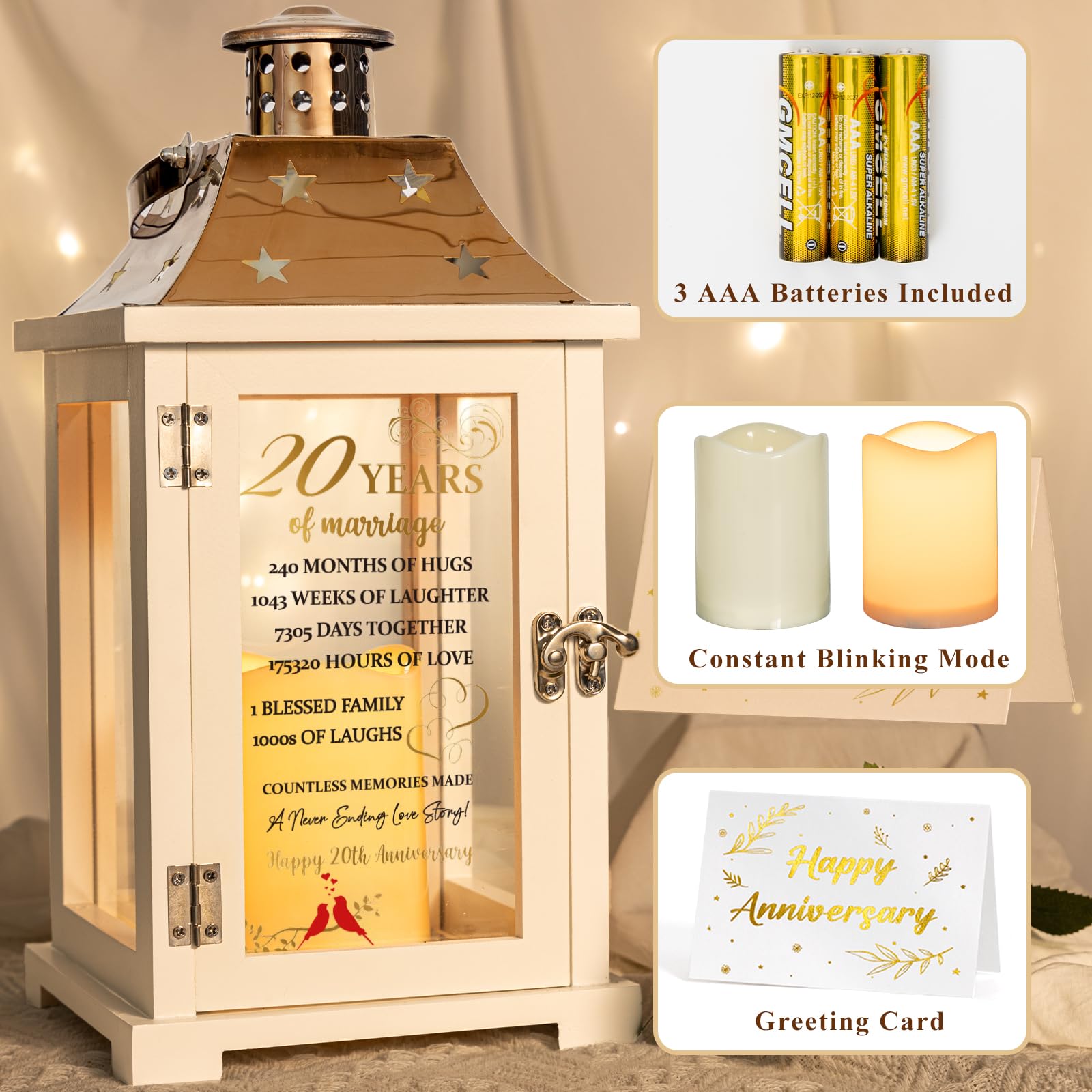 20th Wedding Anniversary Lantern, Happy 20 Years Anniversary Ideas Gift for Parents Couple Friends, Unique Marriage Keepsake Dec