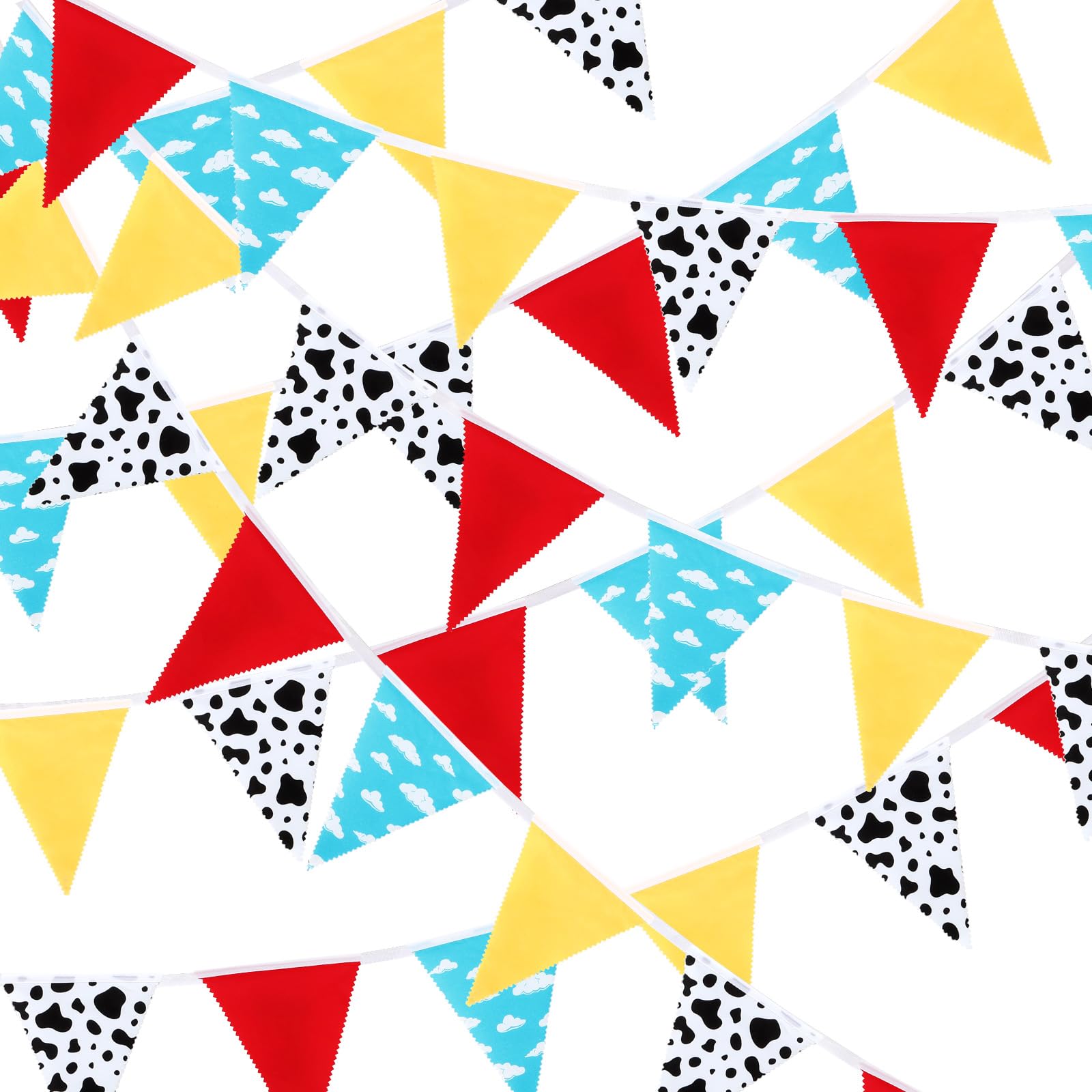 MARFOREVER 28 FT Cartoon Story Party Decorations Blue Sky Cloud Cow Print Fabric Banner Red Blue Yellow Toy Themed Story Pennant