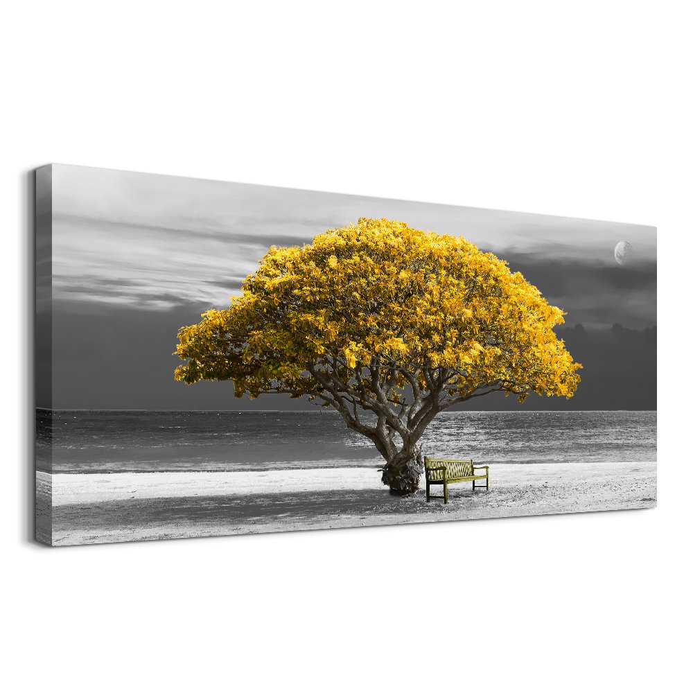 Wall Art For Living Room Decorations Photo Prints - Panoramic Black And White With Yellow Trees The Moon Scenery - Modern Home D
