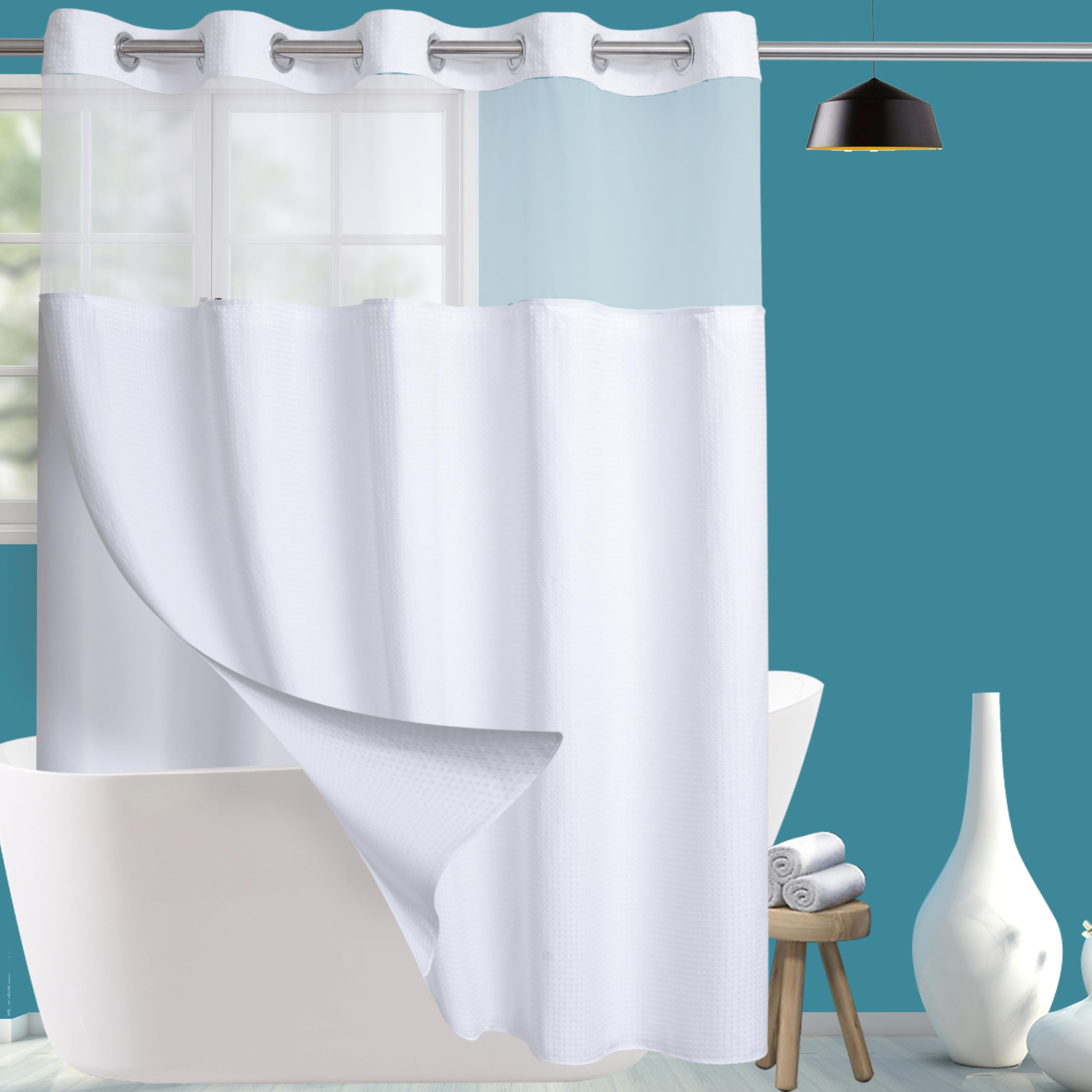 Extra Long Shower Curtain Set Hotel Grade With Snap In Liner For Bathroom Fabric With See Through Top Window, Waffle Weave Showe