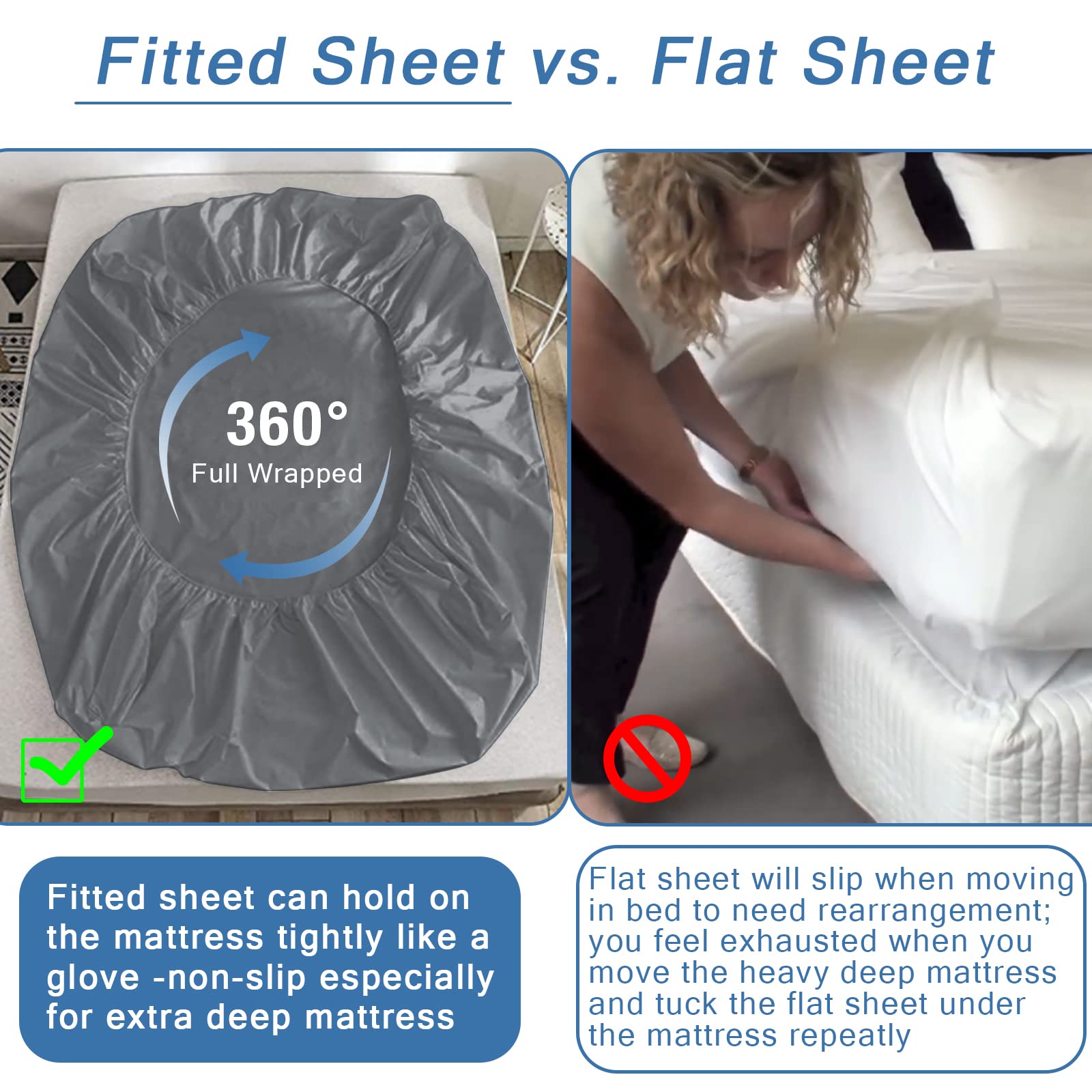 Bedecor Queen Fitted Sheet Only 21 inch Extra Deep Pocket Gray Bottom Bed Sheet  Soft Breathable Stay in Place for Pillow Top Mattress Thick Mattress
