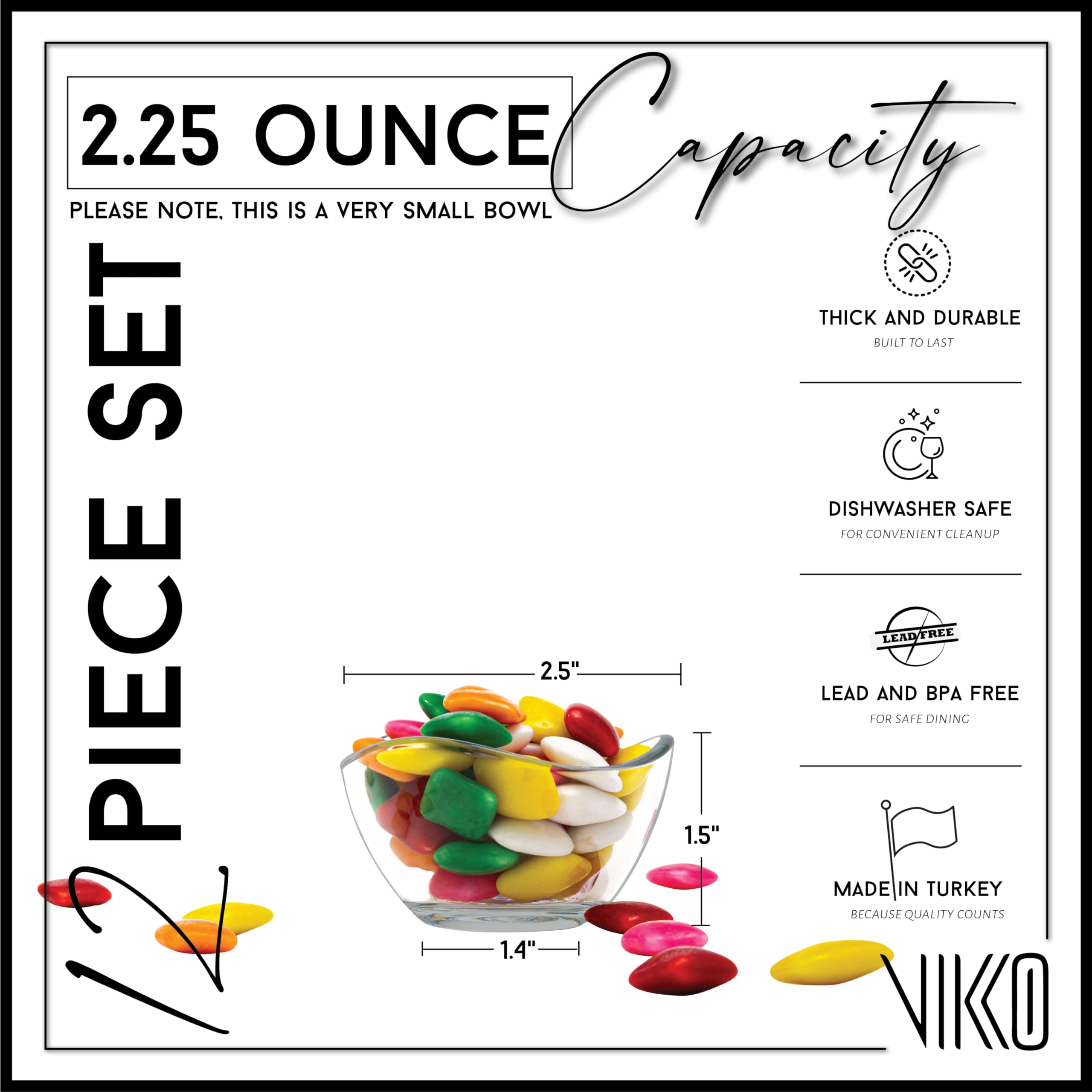 Vikko Glass Bowls, Set Of 12 Decorative Glass Dessert Bowls, 2.25 Ounce Glass Dish For Dessert, Candy, Kitchen Prep, Dishwasher