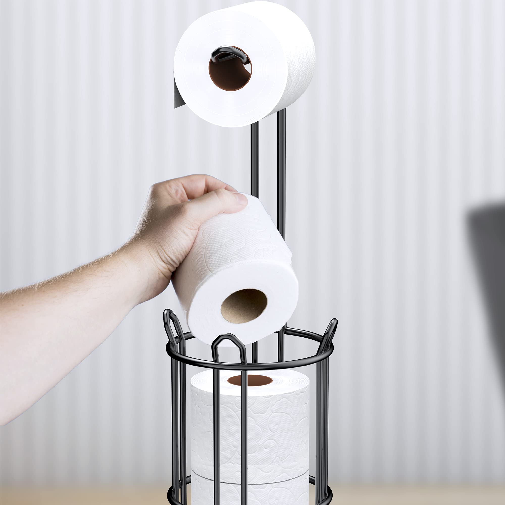 Meangood Freestanding Toilet Paper Holder Stand and Tissue Paper Roll Dispenser  Bathromm Storage Organization-Holds 4 Rolls -Metal Wire Black