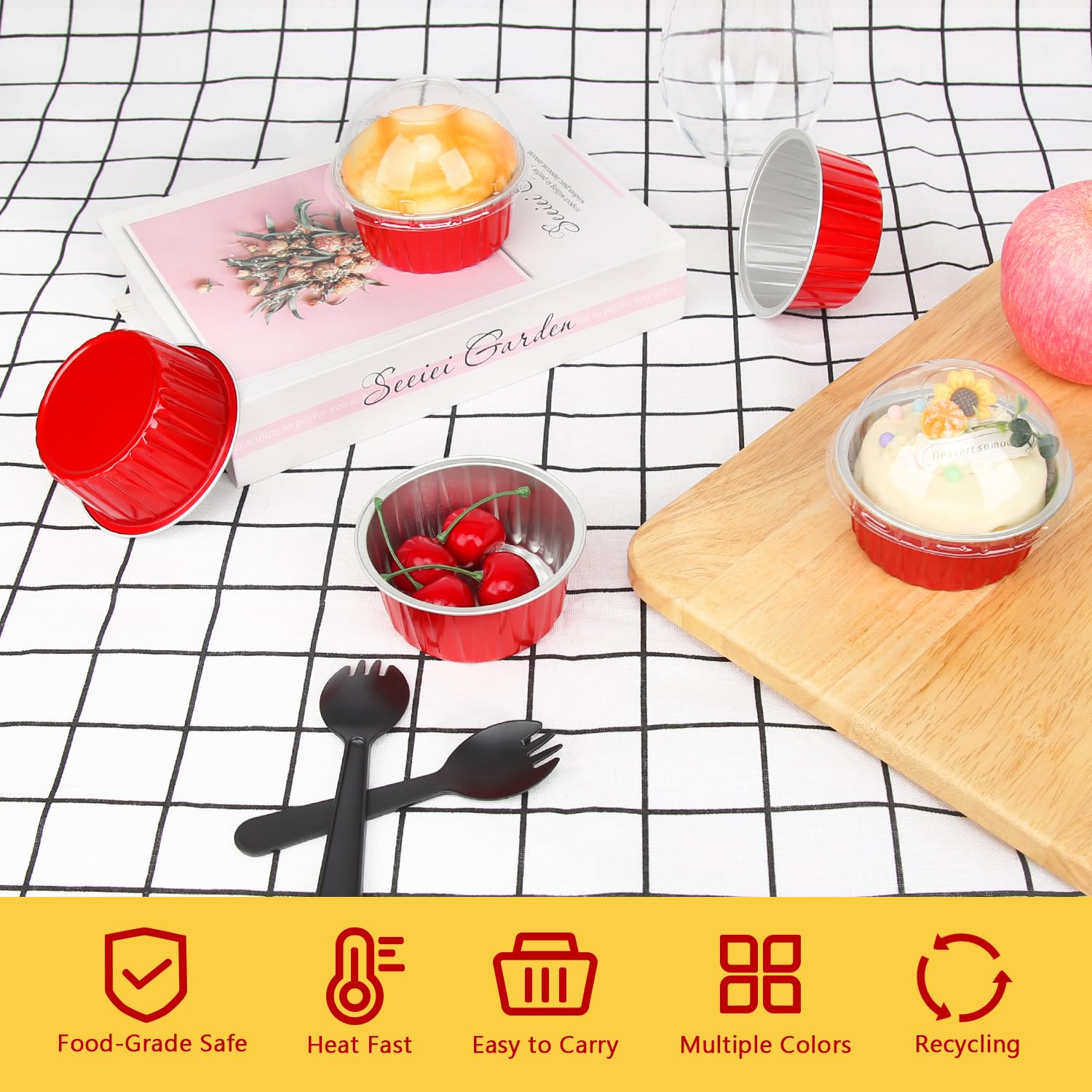 Red Cupcake Liners Muffin Tins 50 Pack,Free-Air 5Oz Aluminum Foil Baking Cups With Lids,Disposable Ramekins Cupcake Pans,Jumbo M