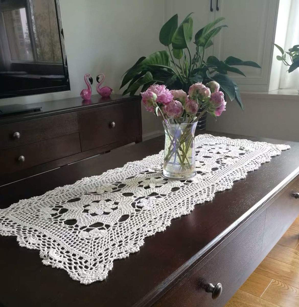 Janef White Handmade Crochet Cotton Table Runner Lace Doilies Doily Rectangle Dresser Scarves,16 By 35 Inches.