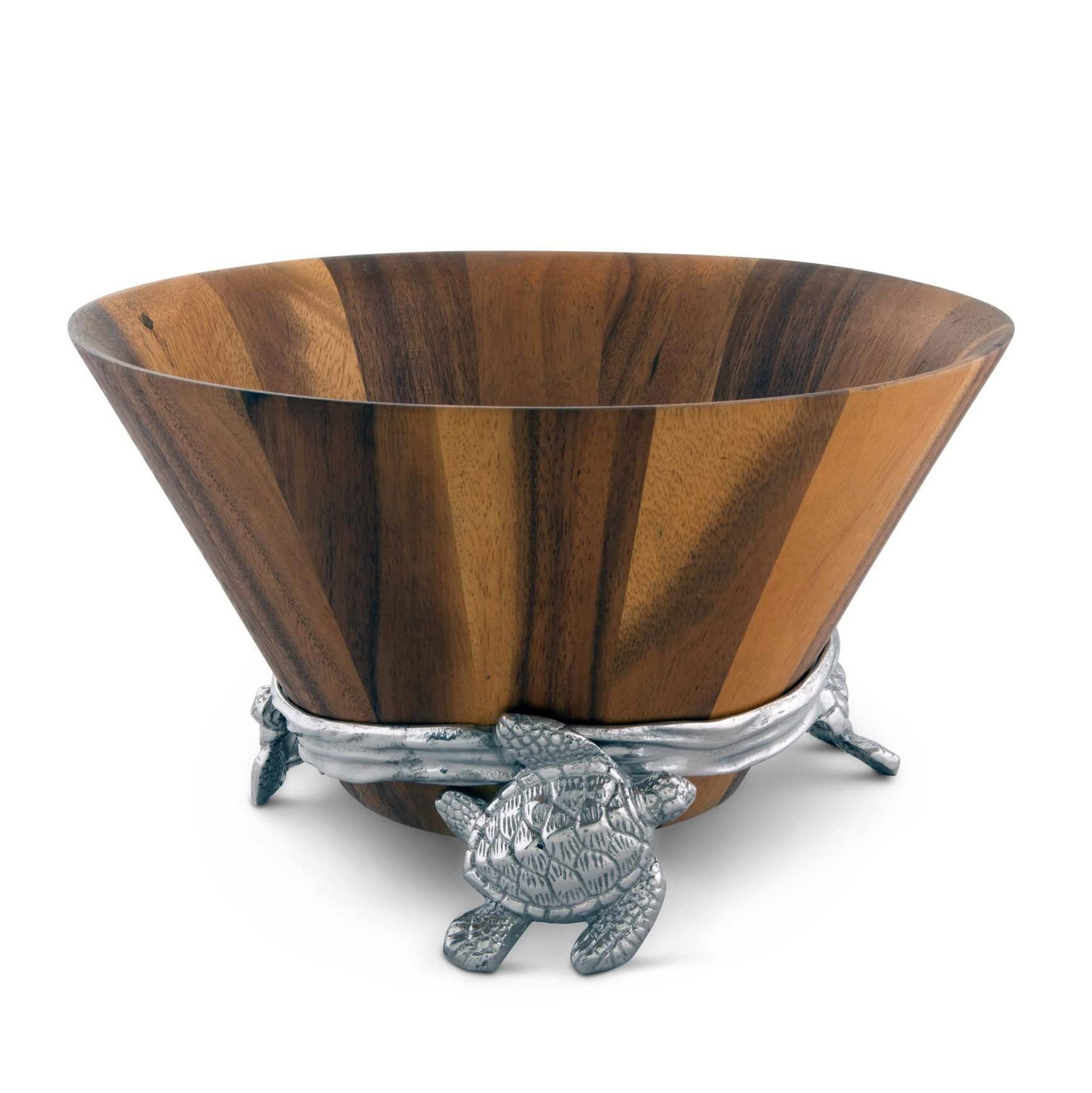 Arthur Court Acacia Wood Salad Serving Bowl With Swimming Sea Turtle Metal Cast Aluminum Stand - Ocean/Coastal Table 2 Pieces