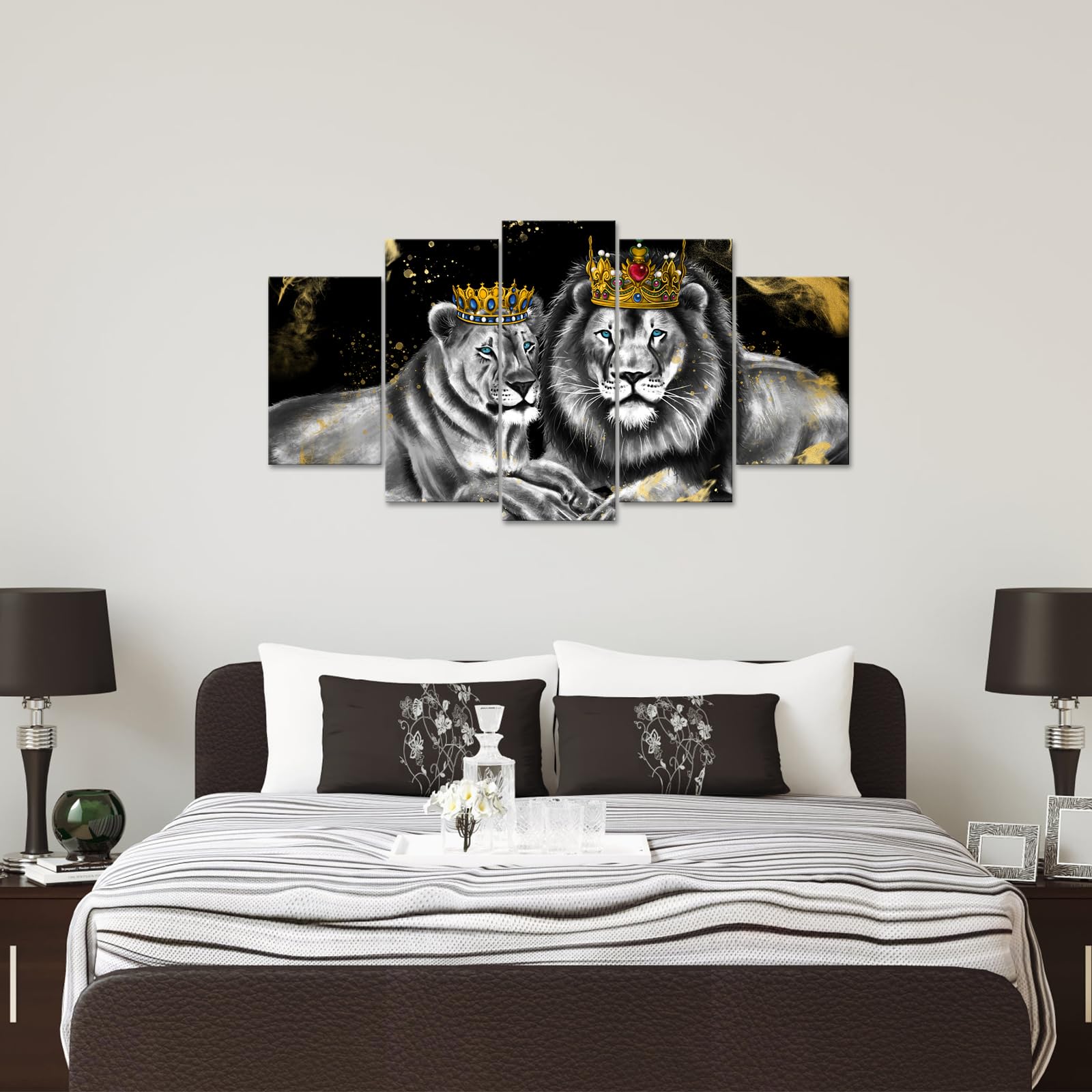 Ouelegent 5 Piece Lion And Lioness Canvas Wall Art King And Queen With Golden Crown African Animal Painting Artwork For Living R