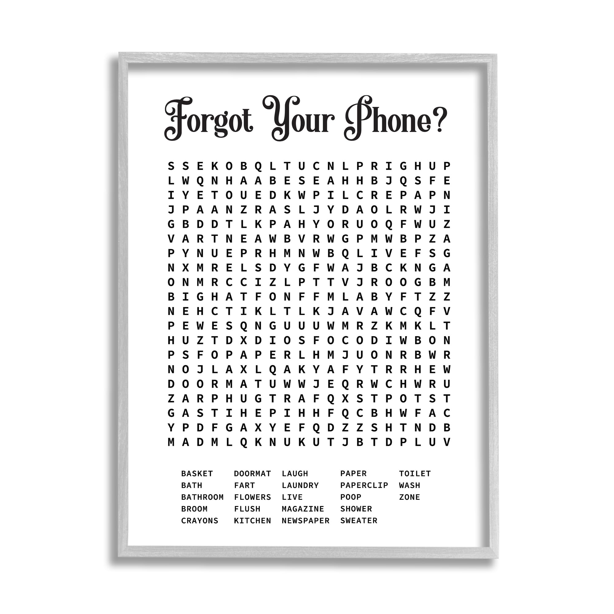 Stupell Industries Phone Crossword Puzzle Bathroom Word Design, Framed Giclee Art, Gray, 24 x 30 Inches, Easy to Hang and Stur