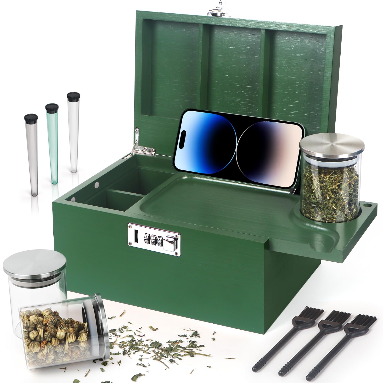 Large Green Bamboo Box with Combination Lock, Decorative Storage Box with Removable Tray & Detachable Compartment, Wooden Boxes 