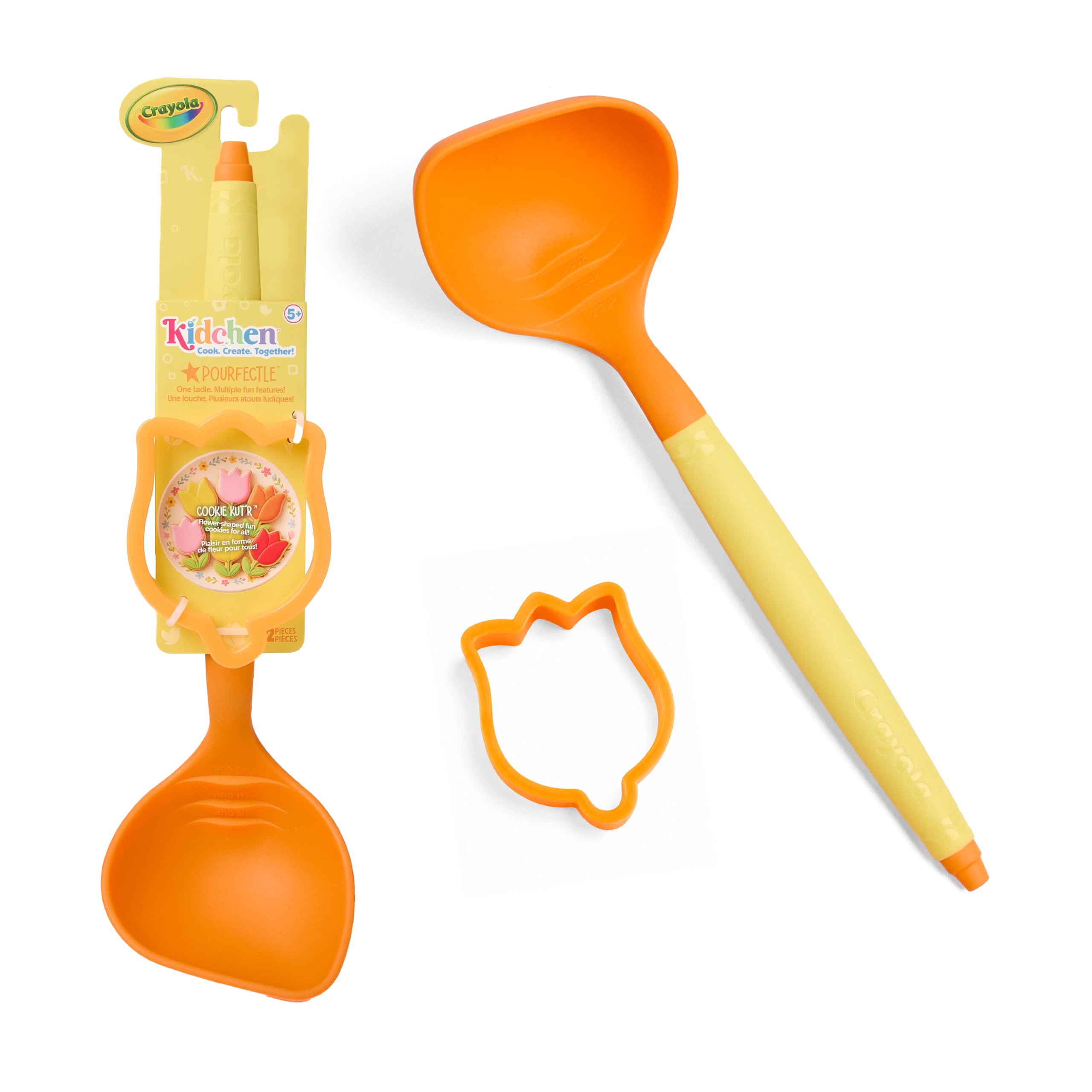 Crayola Kidchen Scoop & Bloom, 2Piece Kitchen Set with Pourfectle & Tulip Cookie Cutter, Silicone Ladle with Measurement Marks 