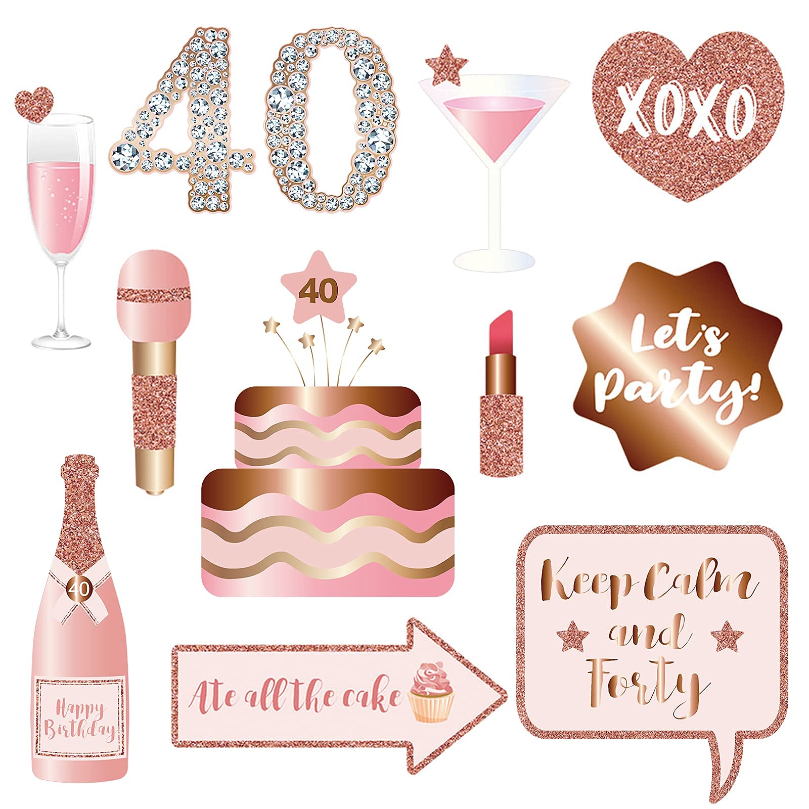 40Th Birthday Party Photo Booth Props And Signs, Rose Gold 40 Birthday Party Selfie Props Kit With Sticks For Girls Women, Forty