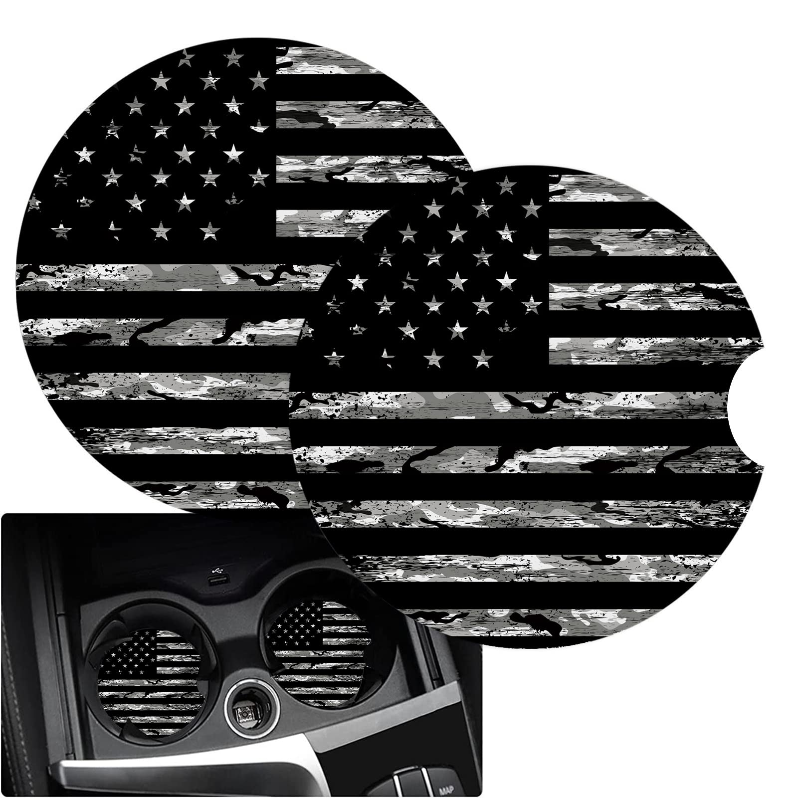 Cup Holders Car Coasters For Women/Men - 2 Pack Absorbent Ceramic Stone Drinks Coaster Set, Camo America Us Flag