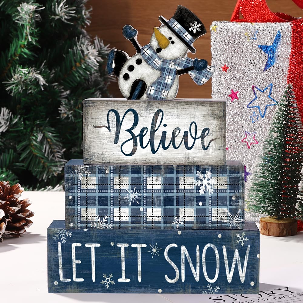 DIYDEC 4pcs Winter Wooden Table Signs - Christmas Snowman Wooden Block Signs Gift Rustic Xmas Tiered Tray Decor Winter Centerpie