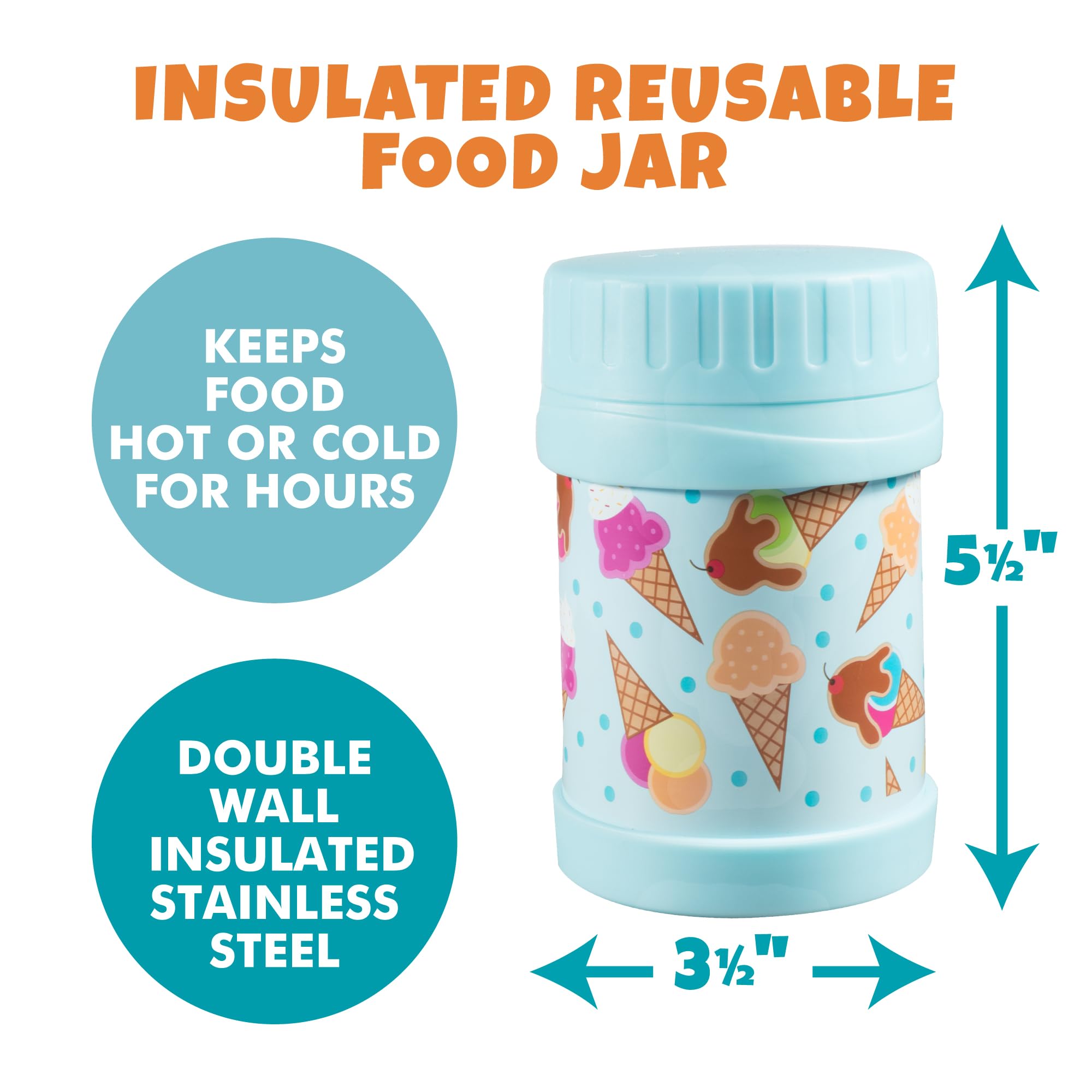 Bentology Stainless Steel Insulated 13oz Thermos for Kids - Ice Cream - Large Leak-Proof Lunch Storage Jar for Hot or Cold Food  Soups  Liquids - BPA Free - Fits in Most Lunch Boxes and Bags