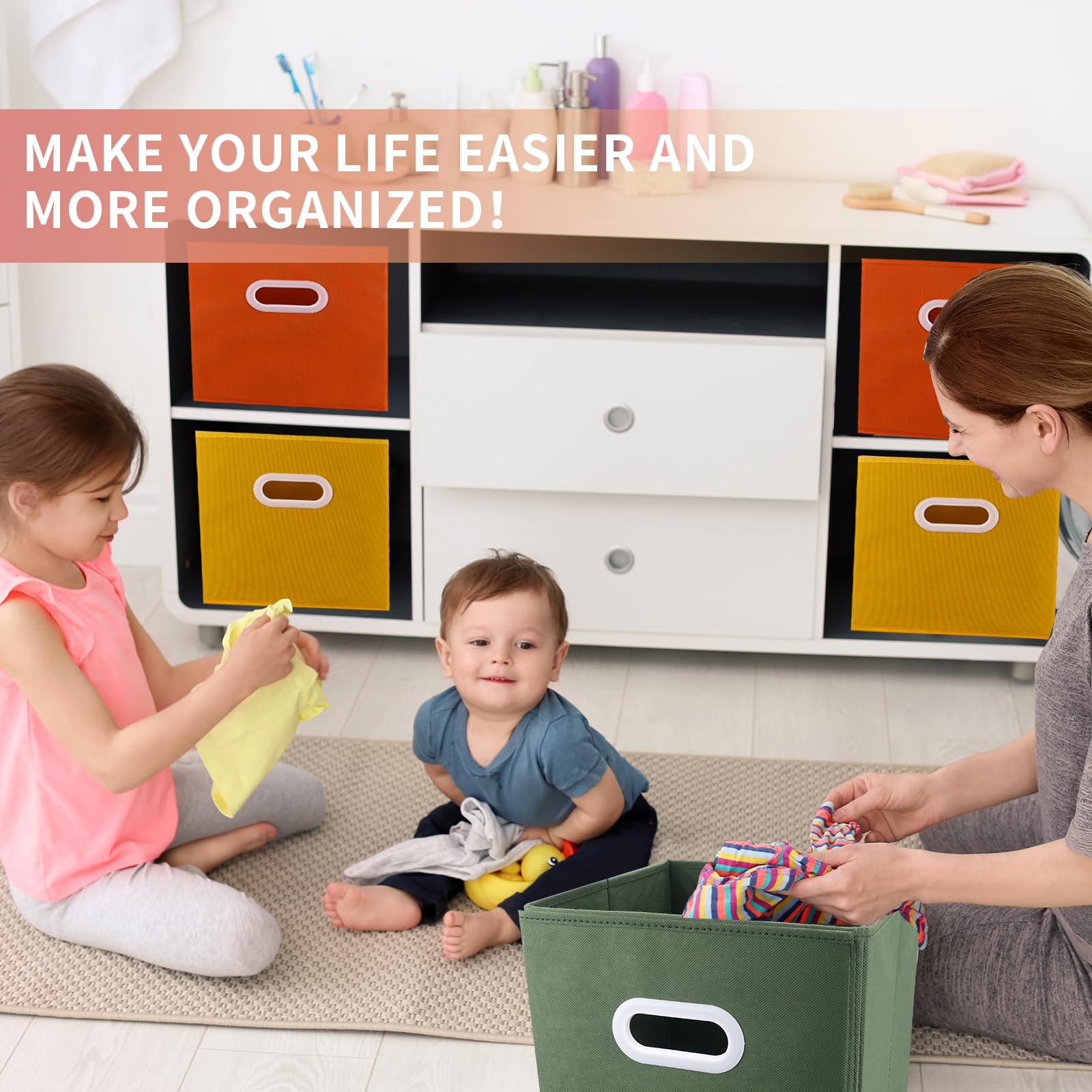 Lourome Storage Cubes - 11-Inch Foldable Fabric Bins, 6 Sets with Handles, Multicolour (Yellow, Orange, Green) for Toys, Clothes, Books