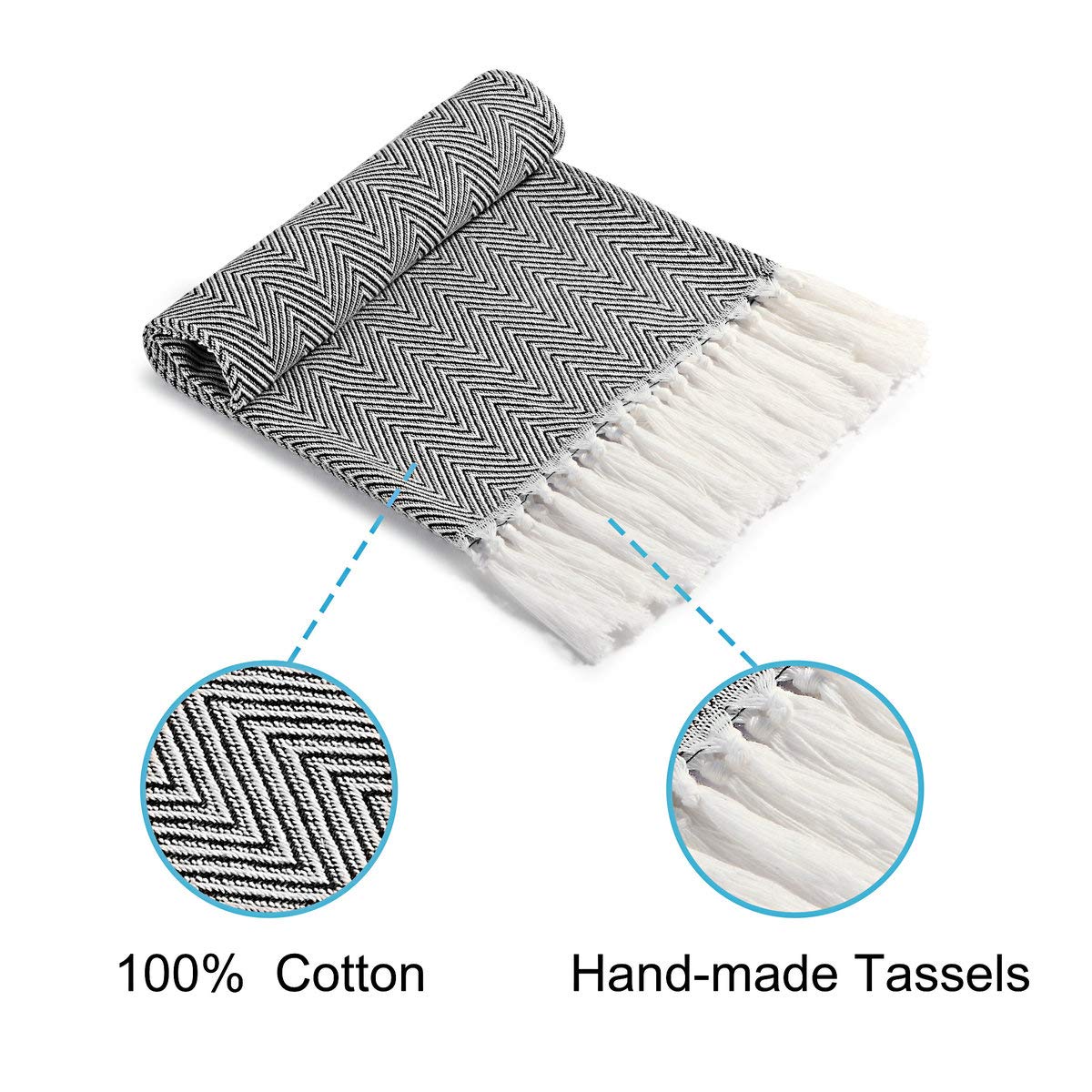 Mia 'sDream Tassels Cotton Bath Hand Towel Set Kitchen Tea Towel Dish Towels Set Napkin Washcloth 3 Pack 16inch X 24inch Black