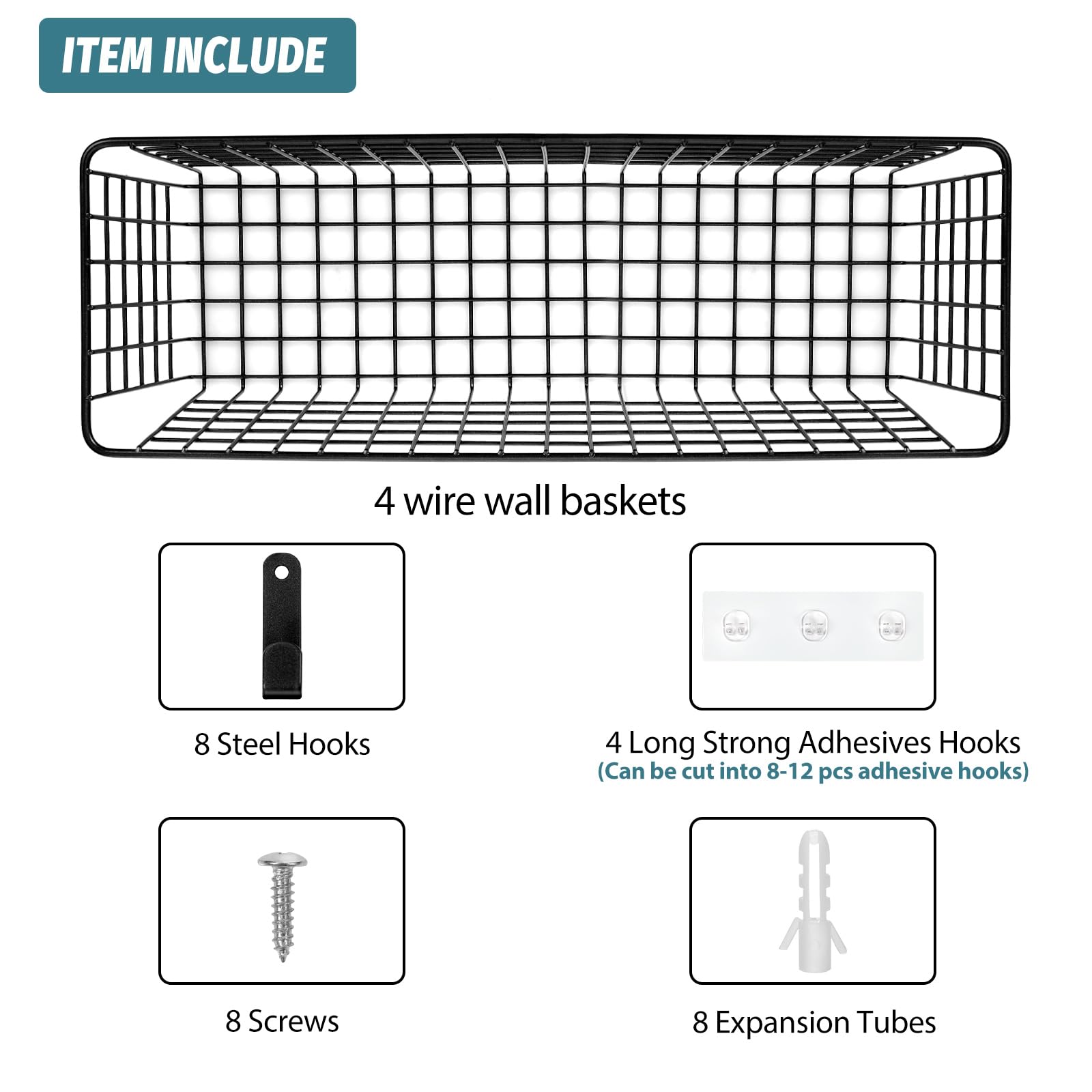 Aozita [2 Wall Mounting Options], 4 Set Extra Large Hanging Wall Mount Basket For Storage With Adhesive Hooks & Steel Hooks, Stu