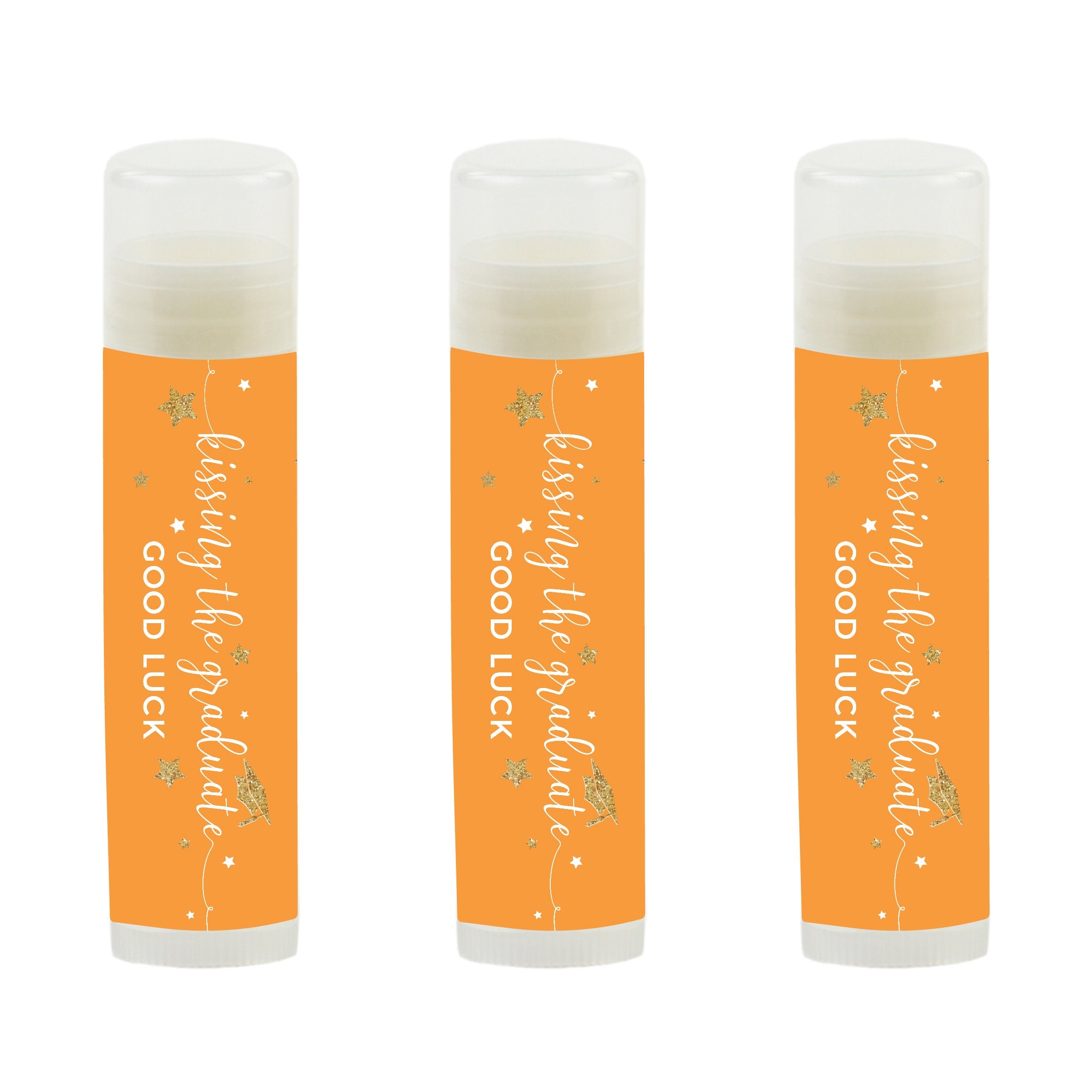 Andaz Press Orange And Gold Glittering Graduation Party Collection, Lip Balm Favors Kissing The Graduate Good Luck, 12-Pack