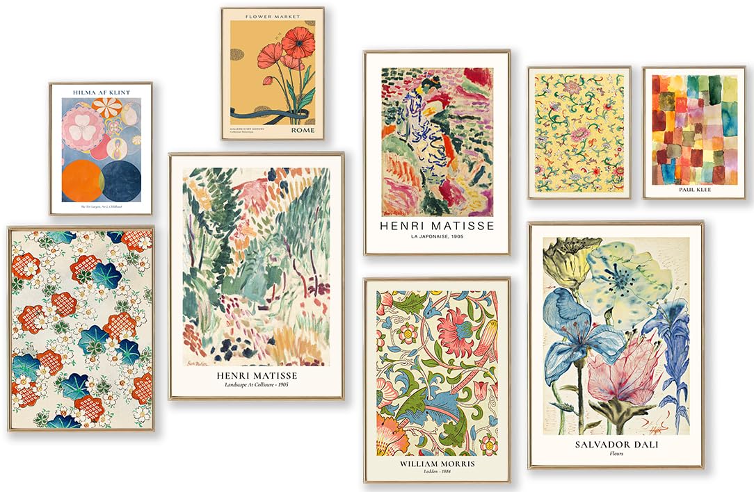 Colorful Eclectic Wall Art Prints, Kbkbart 9 Pcs Vintage Eclectic Wall Decor Matisse William Morris Flower Market Maximalist Ecl