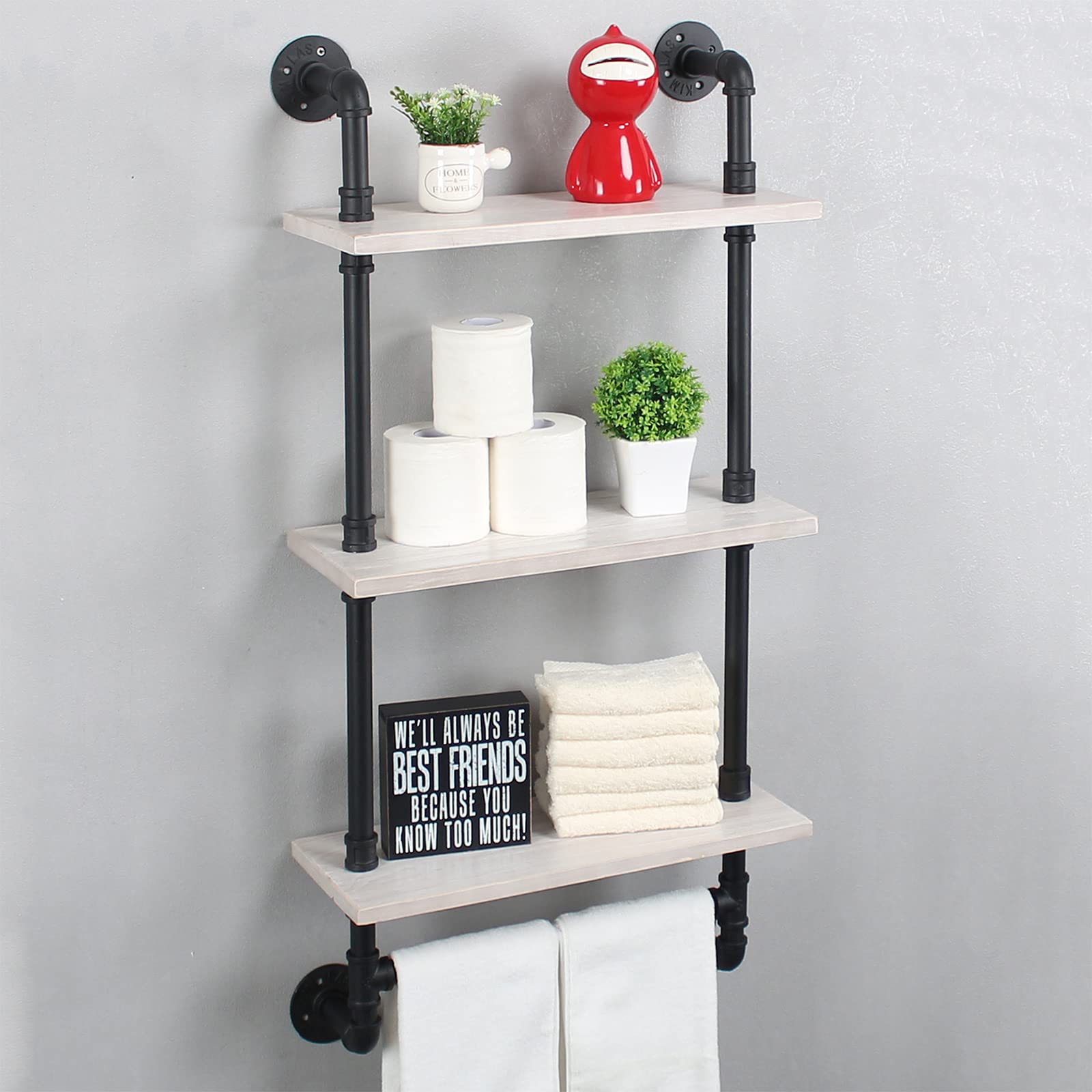 Mbqq Bathroom Shelves Wall Mounted,19.6In Rustic Wood Shelf With Towel Bar,3 Tier Farmhouse Towel Rack Over Toilet,Pipe Shelving