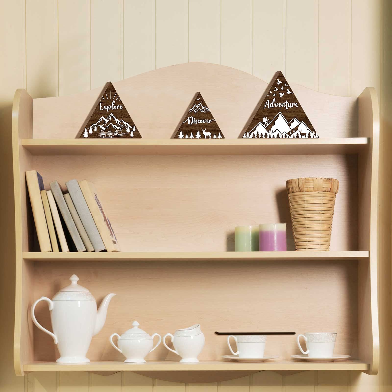 Jetec 3 Pcs 3 Size Wooden Mountain Shelf Decorations Woodland Adventure Travel Mountain Sign for Home Bedroom Bathroom Shelf Wal