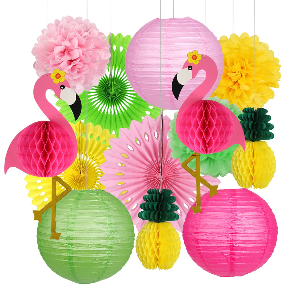 Yunxuan Flamingo Party Supplies, Hawaiian Party Decorations Flamingo And Pineapple Honeycomb Ball Paper Lanterns Paper Fans Pom